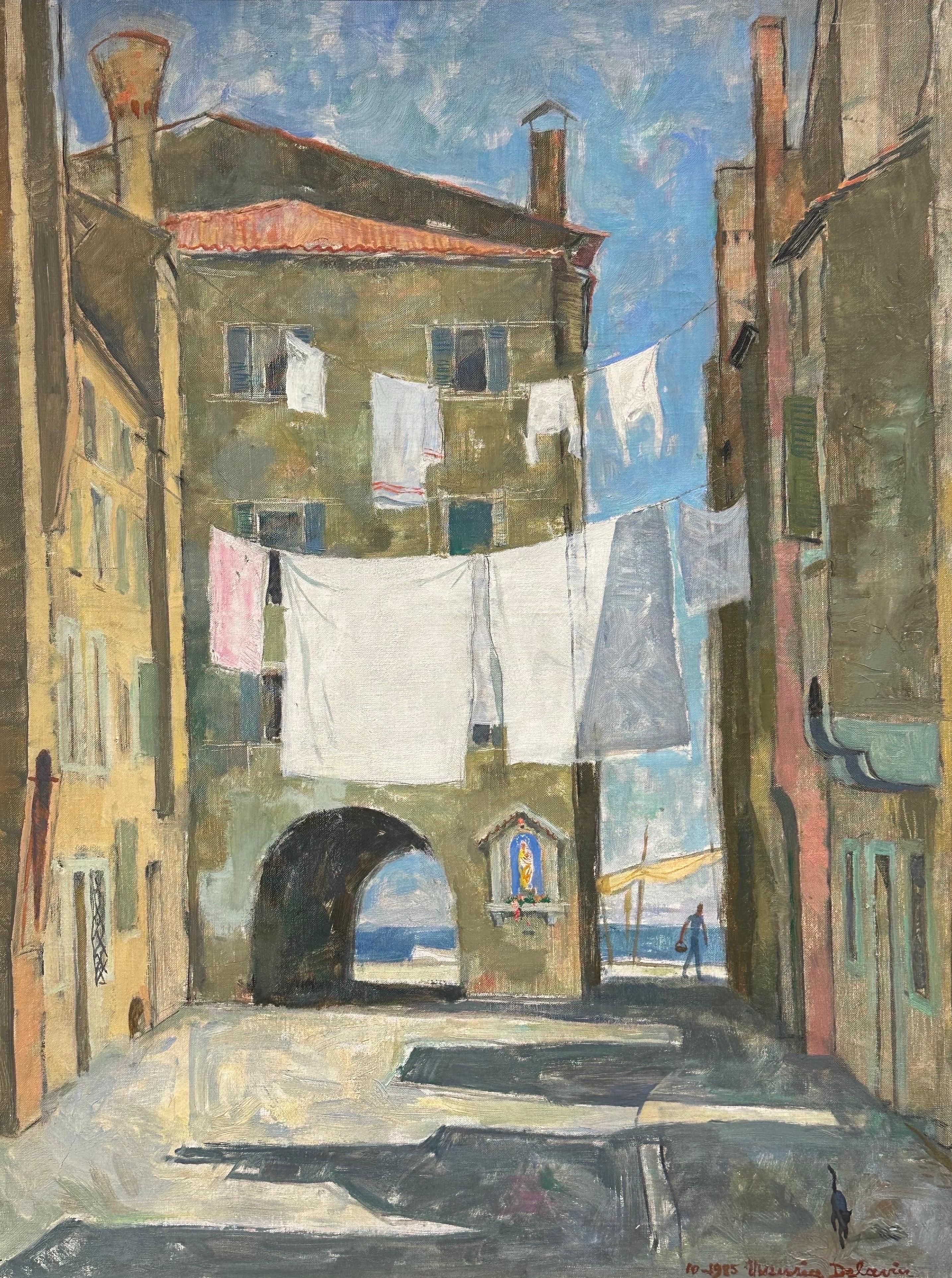 French Impressionist Oil Painting Clothes Drying Washing Line Venice Courtyard - Gray Landscape Painting by Maurice Delavier