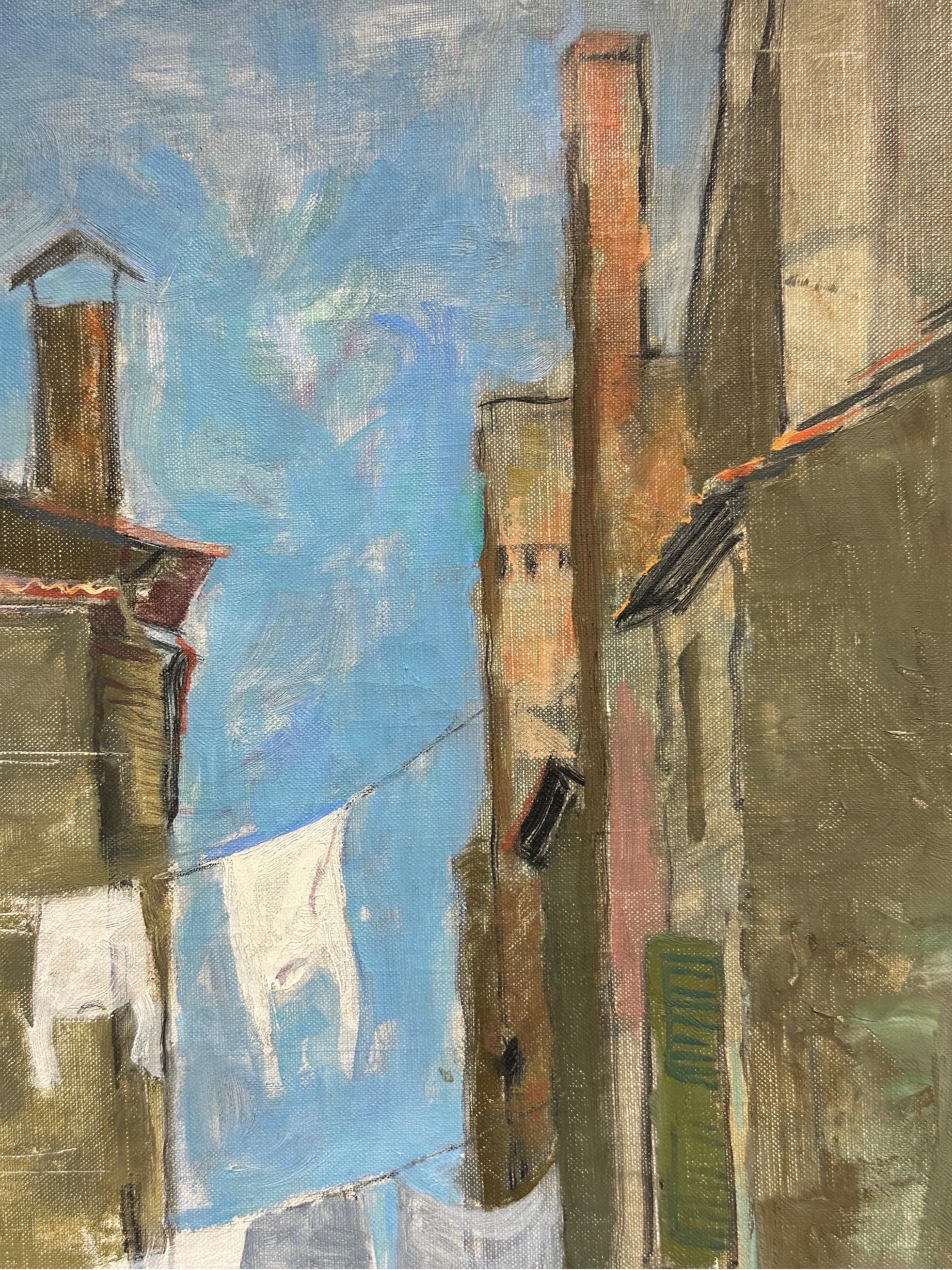 French Impressionist Oil Painting Clothes Drying Washing Line Venice Courtyard For Sale 2