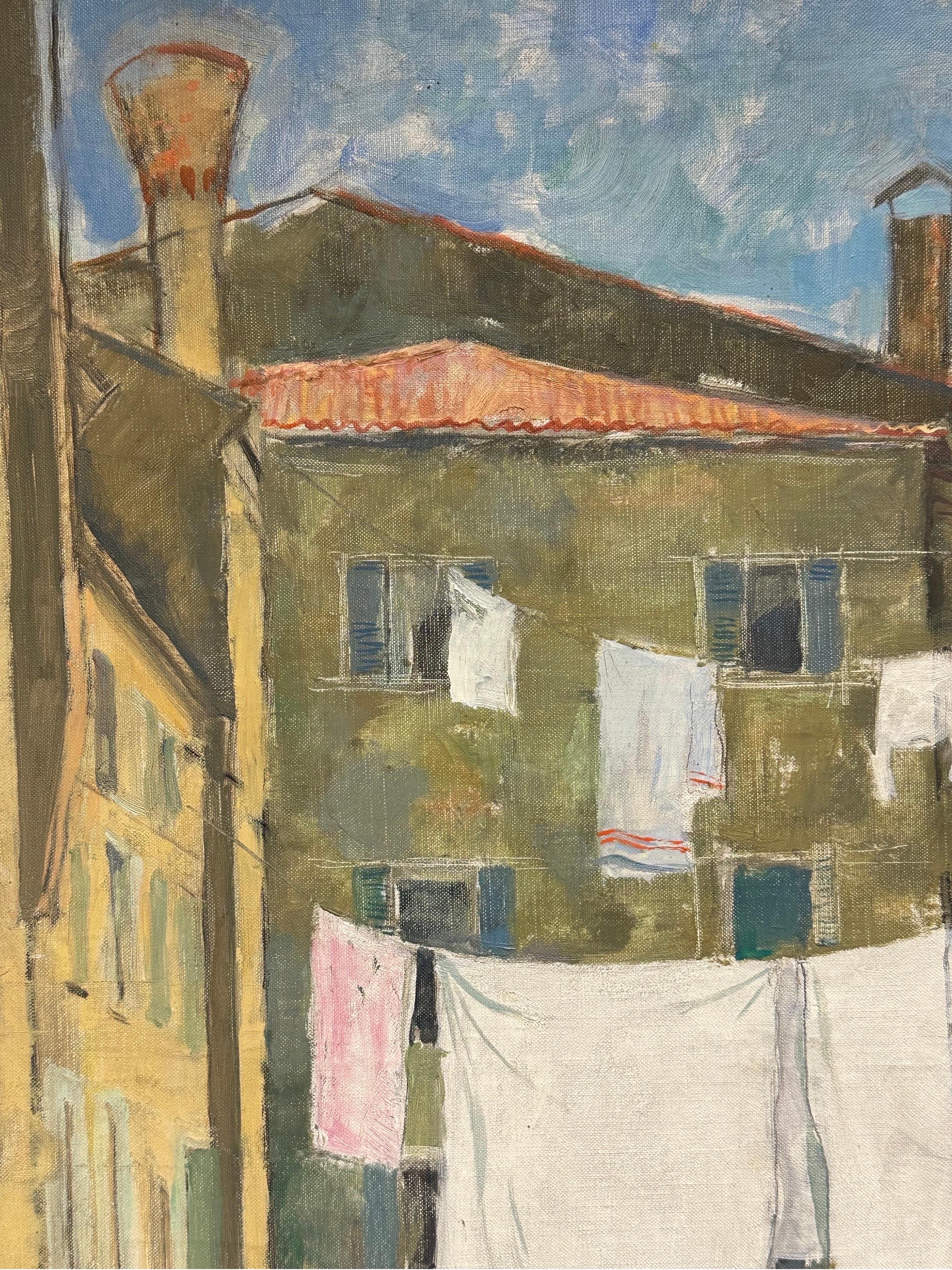 French Impressionist Oil Painting Clothes Drying Washing Line Venice Courtyard For Sale 3