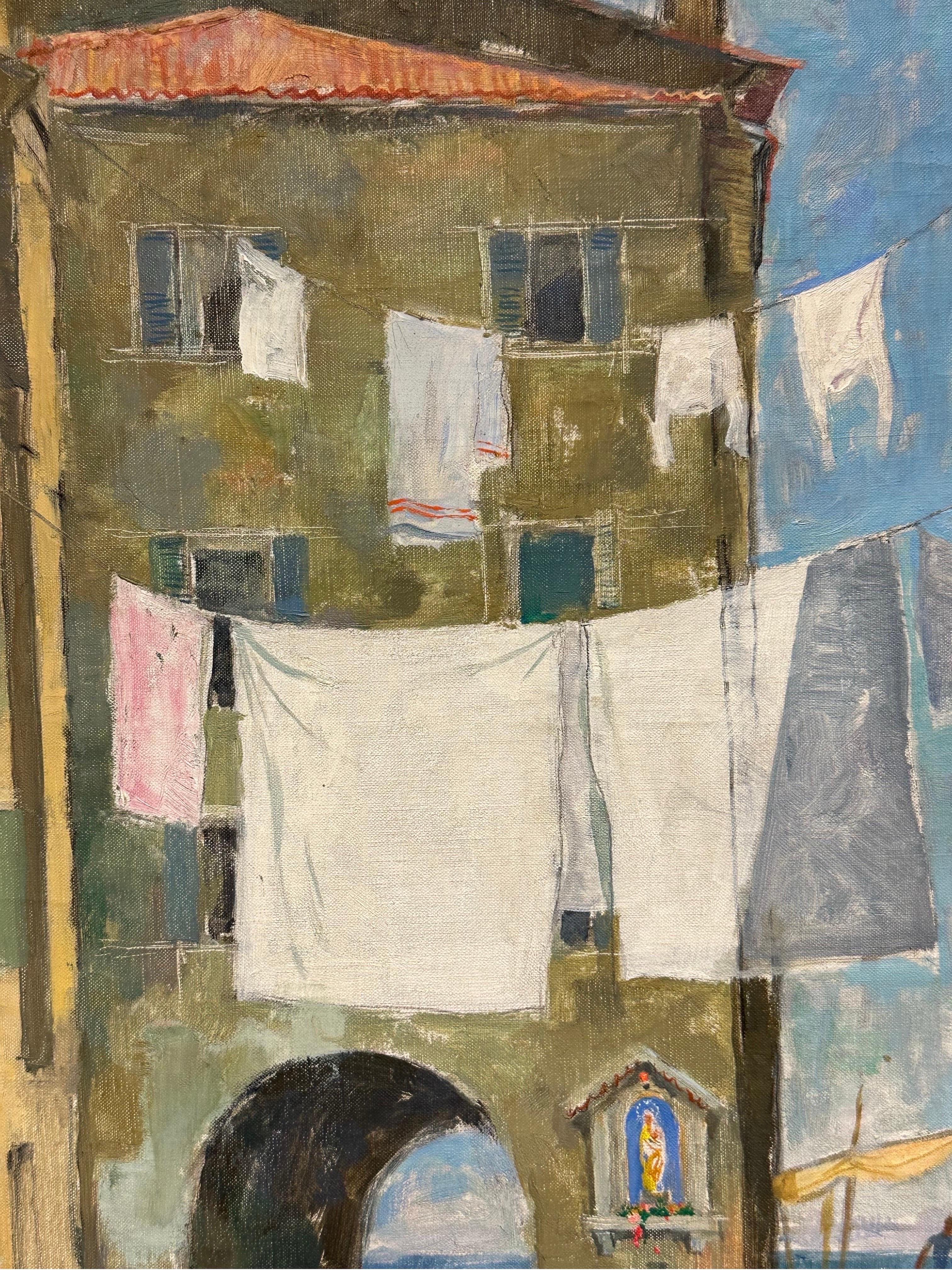 French Impressionist Oil Painting Clothes Drying Washing Line Venice Courtyard For Sale 4