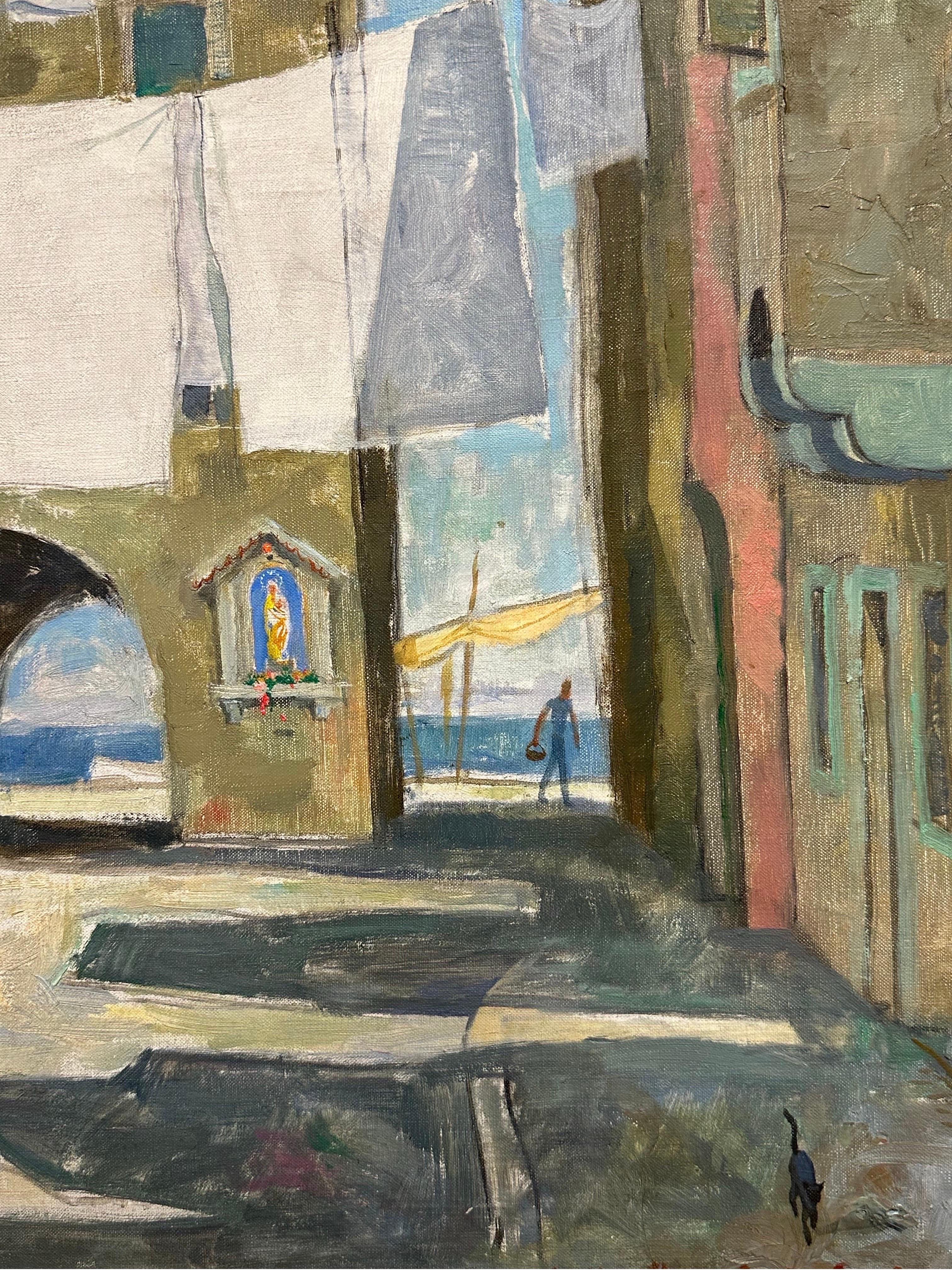 Pintura al Óleo Impresionista Francesa Ropa Secándose Lavadero Patio de Venecia en venta 2