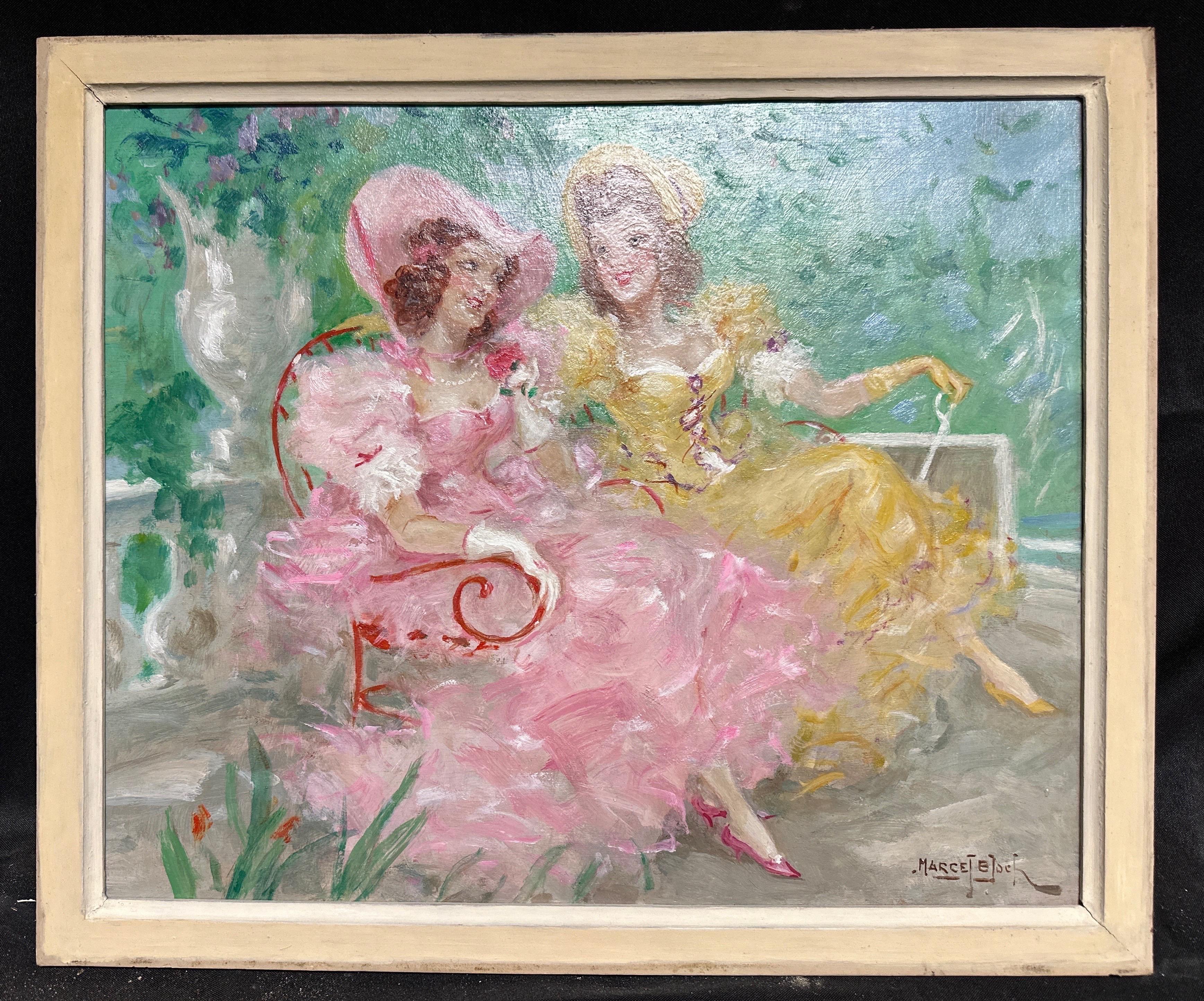 Eleganza delle signore francesi alla moda nel giardino del parco che chiacchierano Olio francese firmato 1