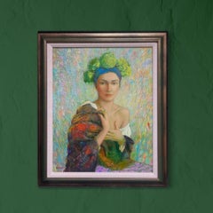 Fine Russian Symbolist Signed Oil Painting Portrait of Young Lady with Headpiece