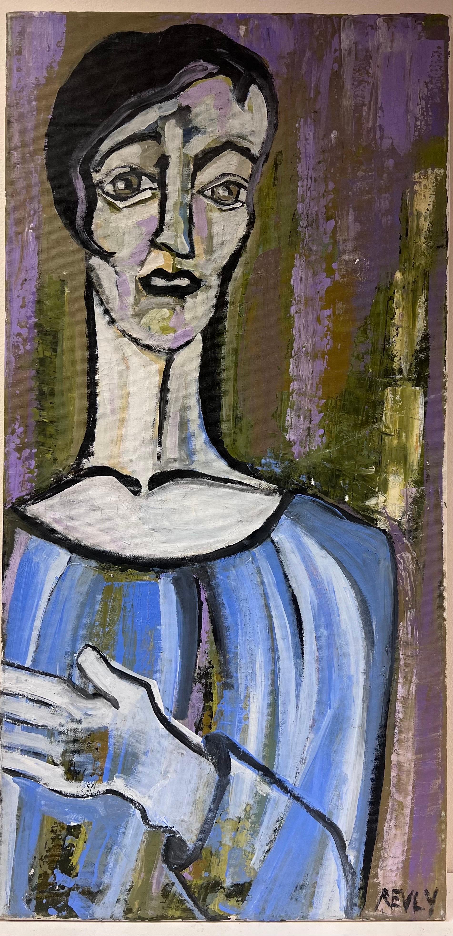 Elegant Large Portrait, Picasso Style, Original Oil Painting, Signed