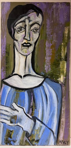 Elegant Large Portrait, Picasso Style, Original Oil Painting, Signed