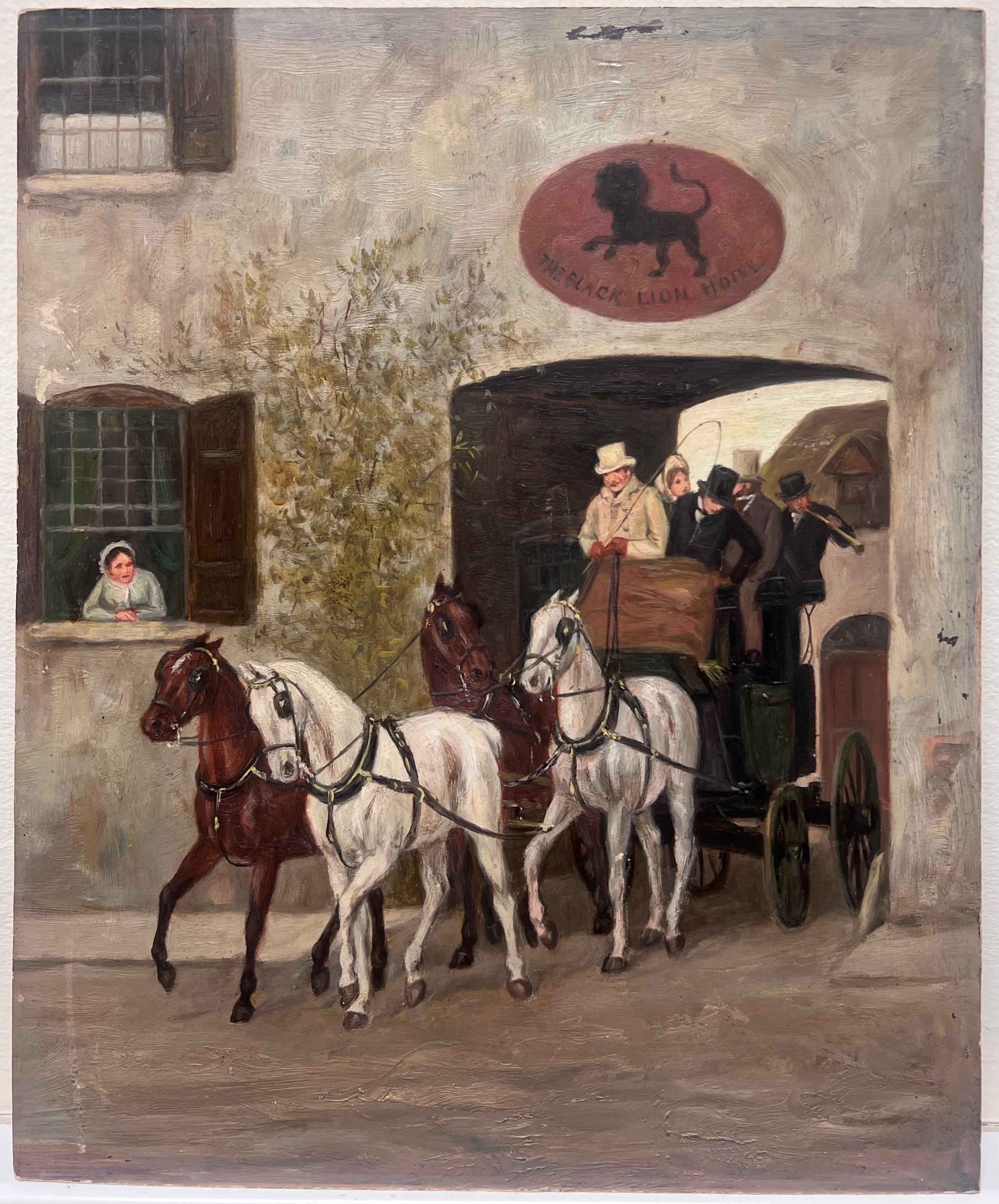 The Black Lion Hotel
English artist, late 19th century 
(double sided painting with a hunting scene to the reverse).  
oil painting on board, 
unframed board: 13 x 10.75 inches 
provenance: private collection, Surrey, England 
condition: good and