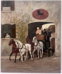 19th Century English Coaching Scene Oil Painting Horse Carriages outside Tavern