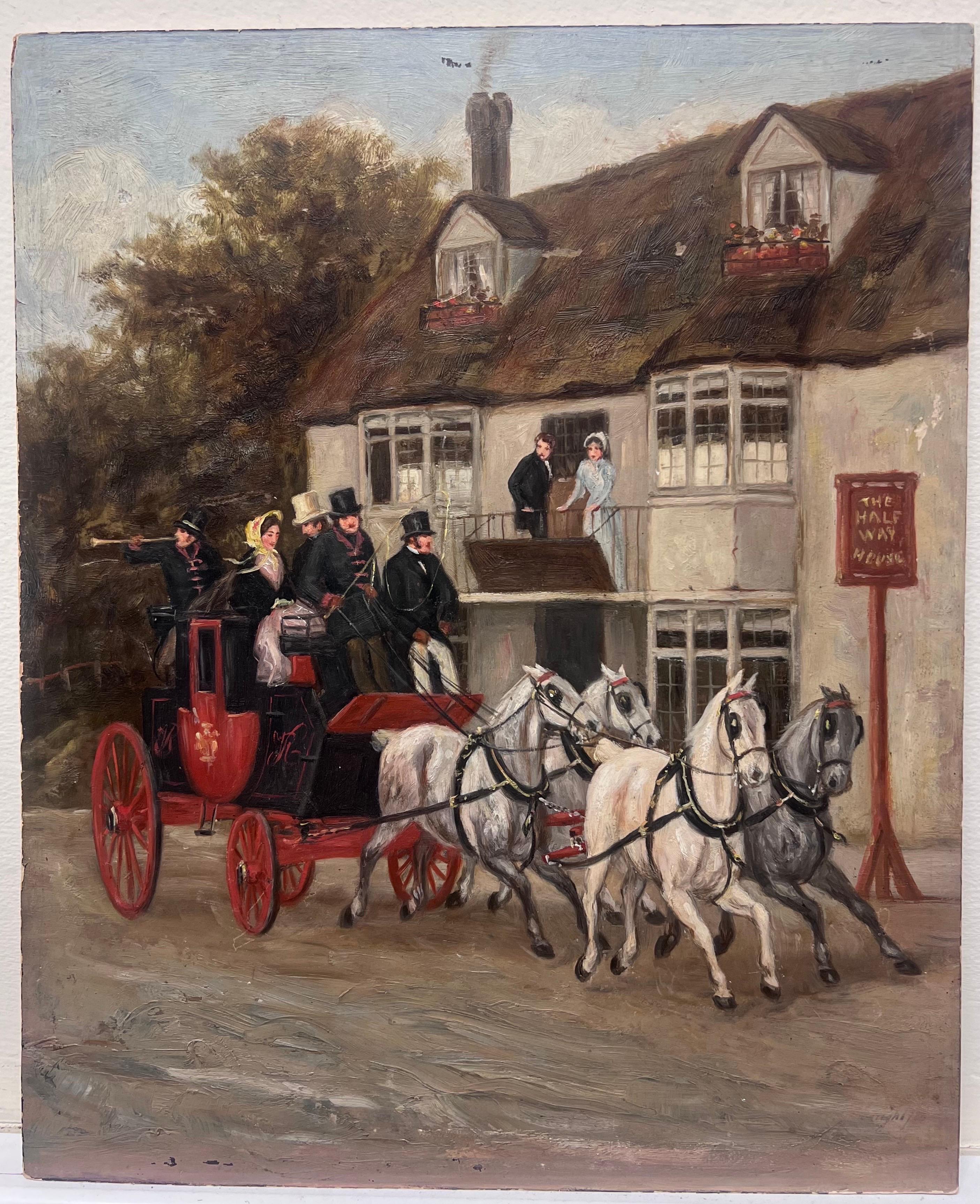 The Half Way Hotel
English artist, late 19th century
(double sided painting with a hunting scene to the reverse). 
oil painting on board, unframed
board: 13 x 10.75 inches
provenance: private collection, Surrey, England
condition: good and sound
