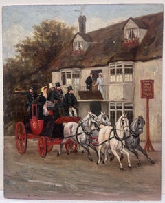 19th Century English Coaching Scene Oil Painting Horse  Carriages outside Tavern