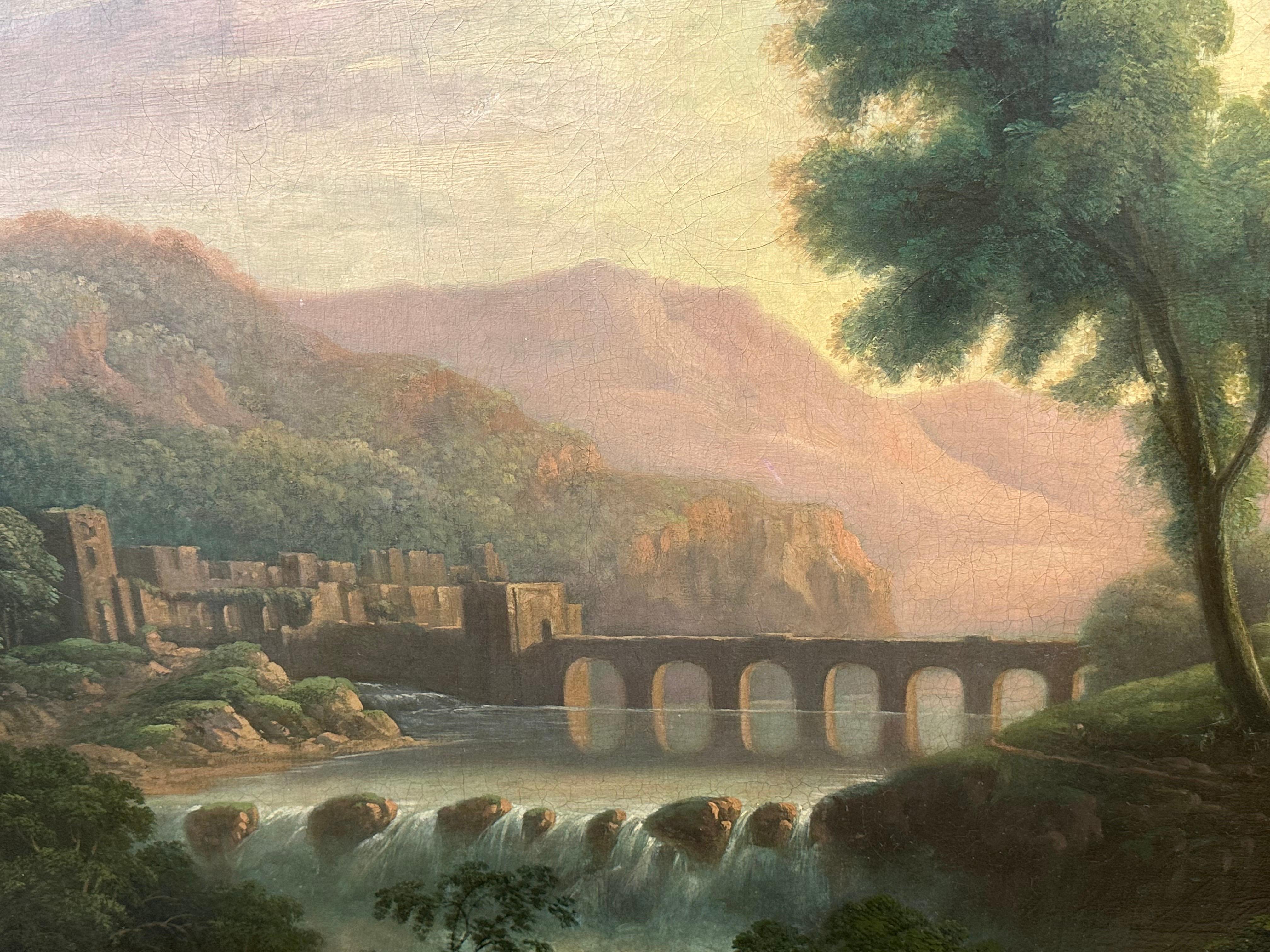 Großes italienisches romantisches, klassisches Landschaftsgemälde mit goldenem Sonnenuntergang, 1800er Jahre im Angebot 4
