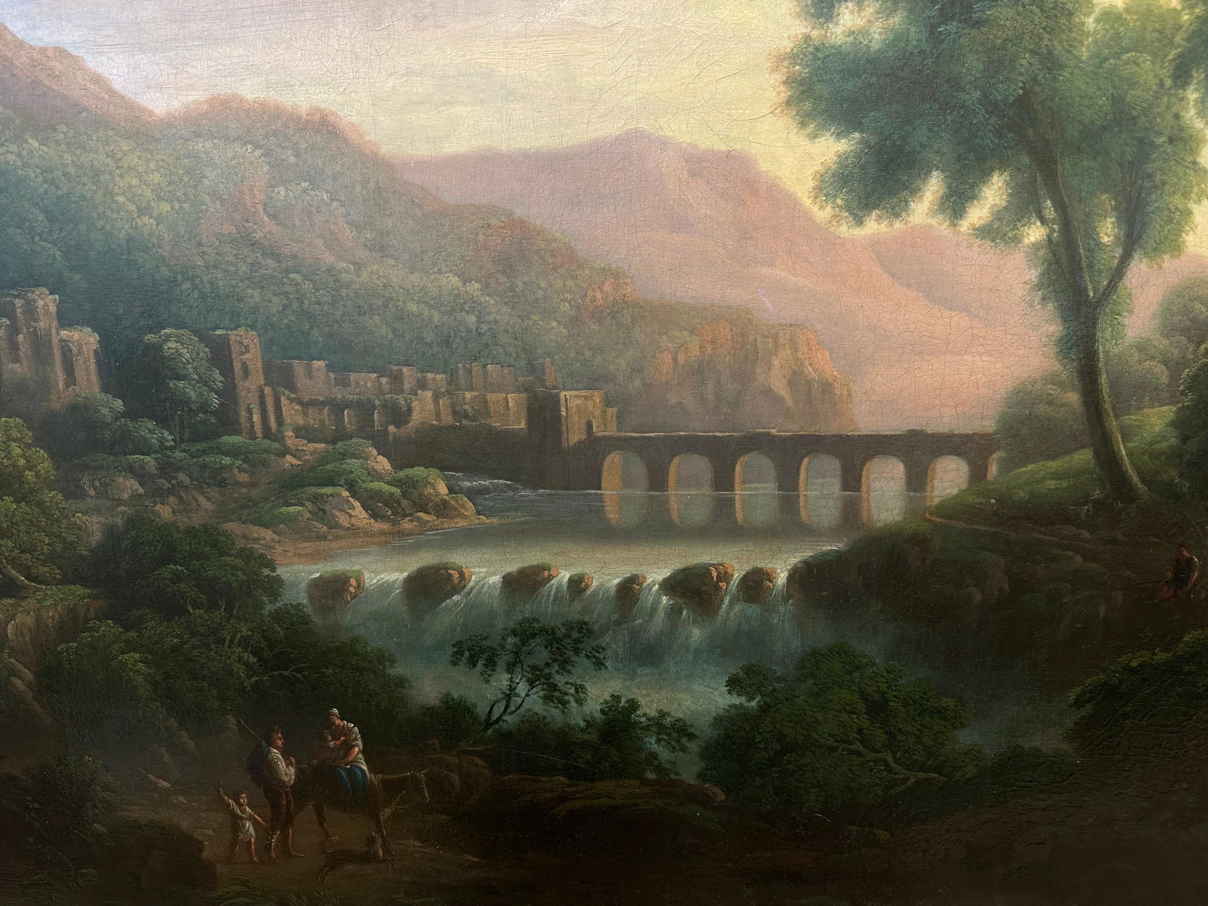 Großes italienisches romantisches, klassisches Landschaftsgemälde mit goldenem Sonnenuntergang, 1800er Jahre im Angebot 6