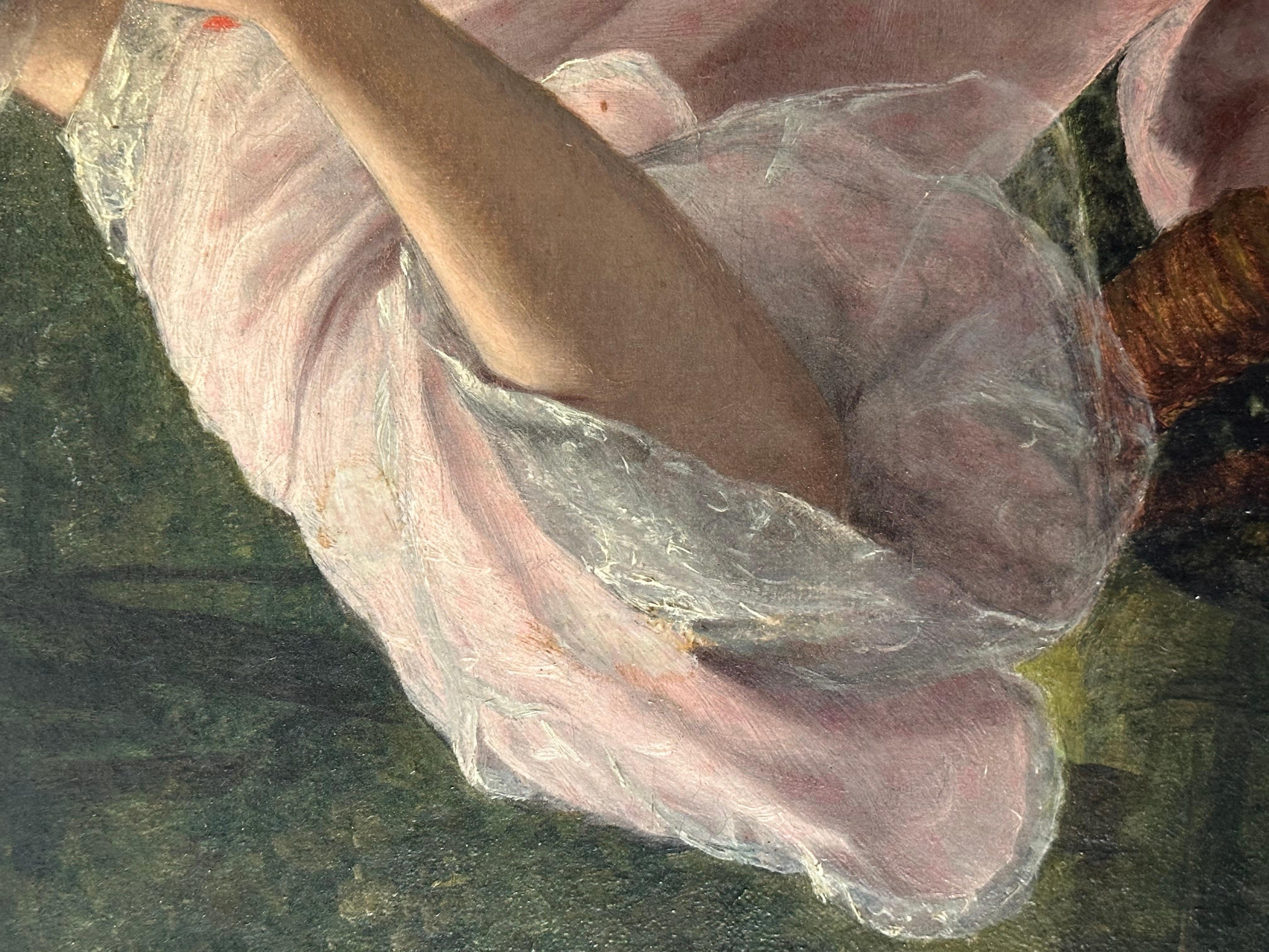 Gran óleo victoriano firmado Dama artista sentada dibujando en el jardín 1862 en venta 3
