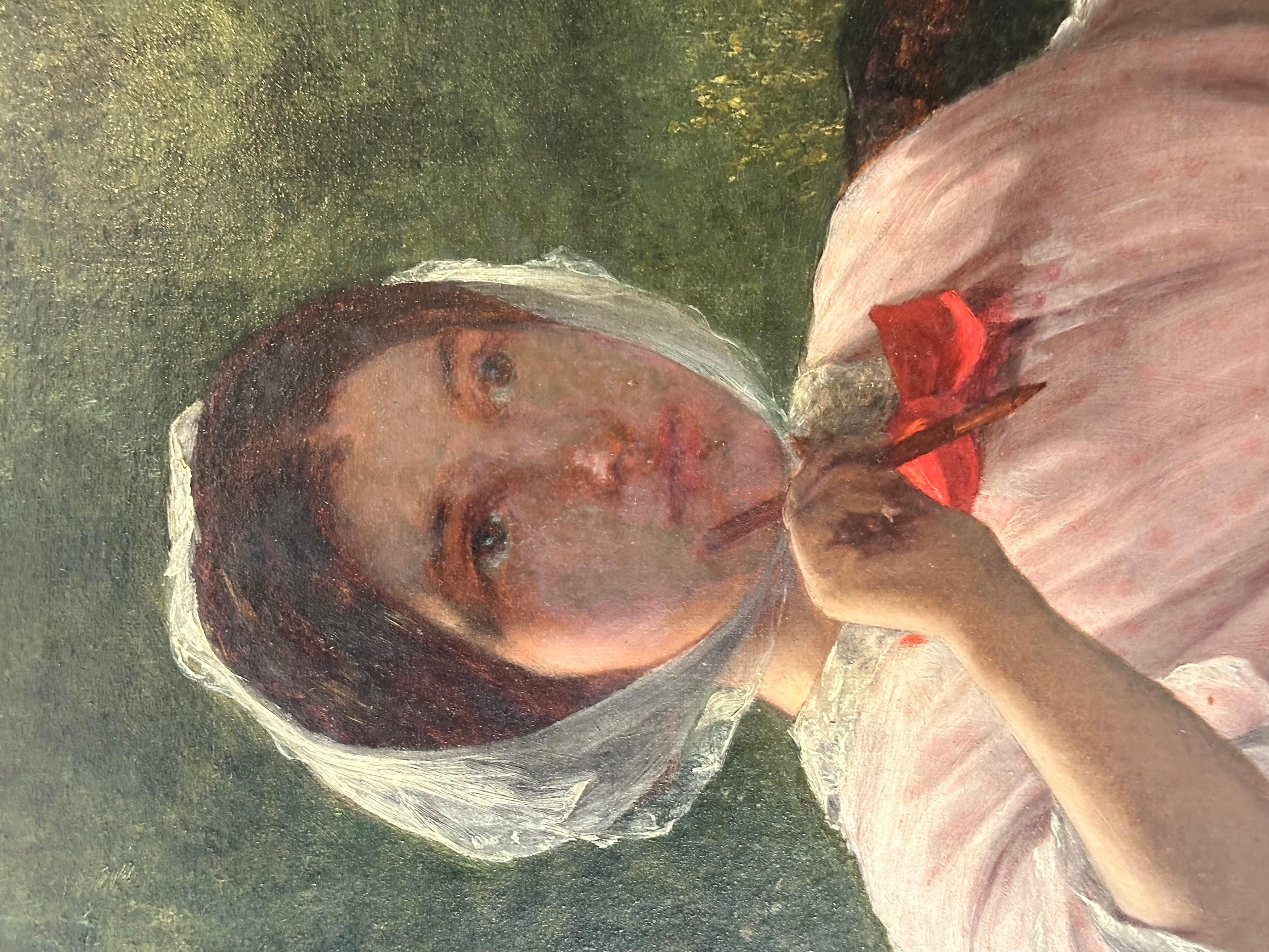Gran óleo victoriano firmado Dama artista sentada dibujando en el jardín 1862 en venta 4