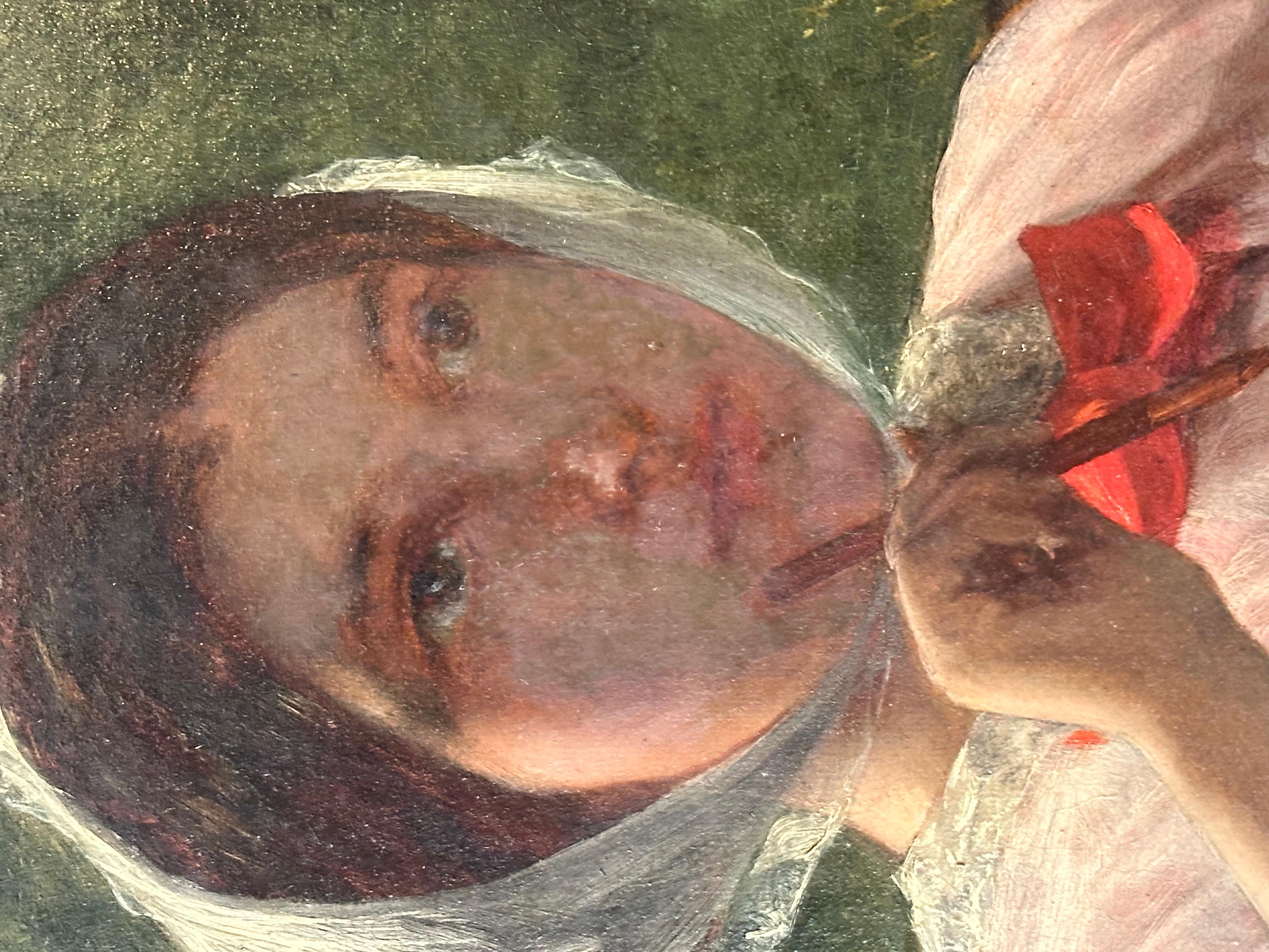 Gran óleo victoriano firmado Dama artista sentada dibujando en el jardín 1862 en venta 5