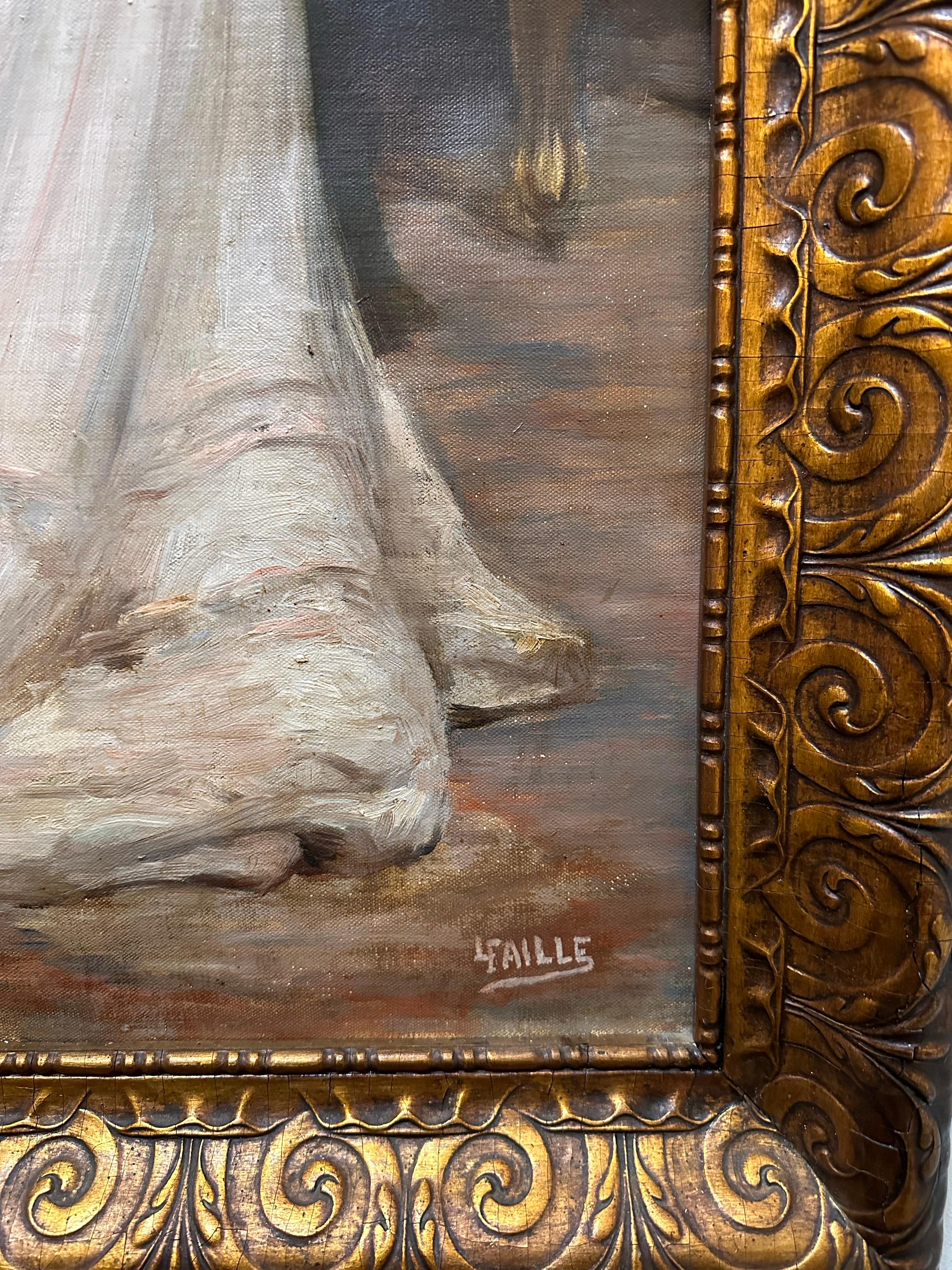 Très belle huile française signée des années 1900 Portrait en pied d'une dame lisant à l'intérieur - Painting de Louis Faille