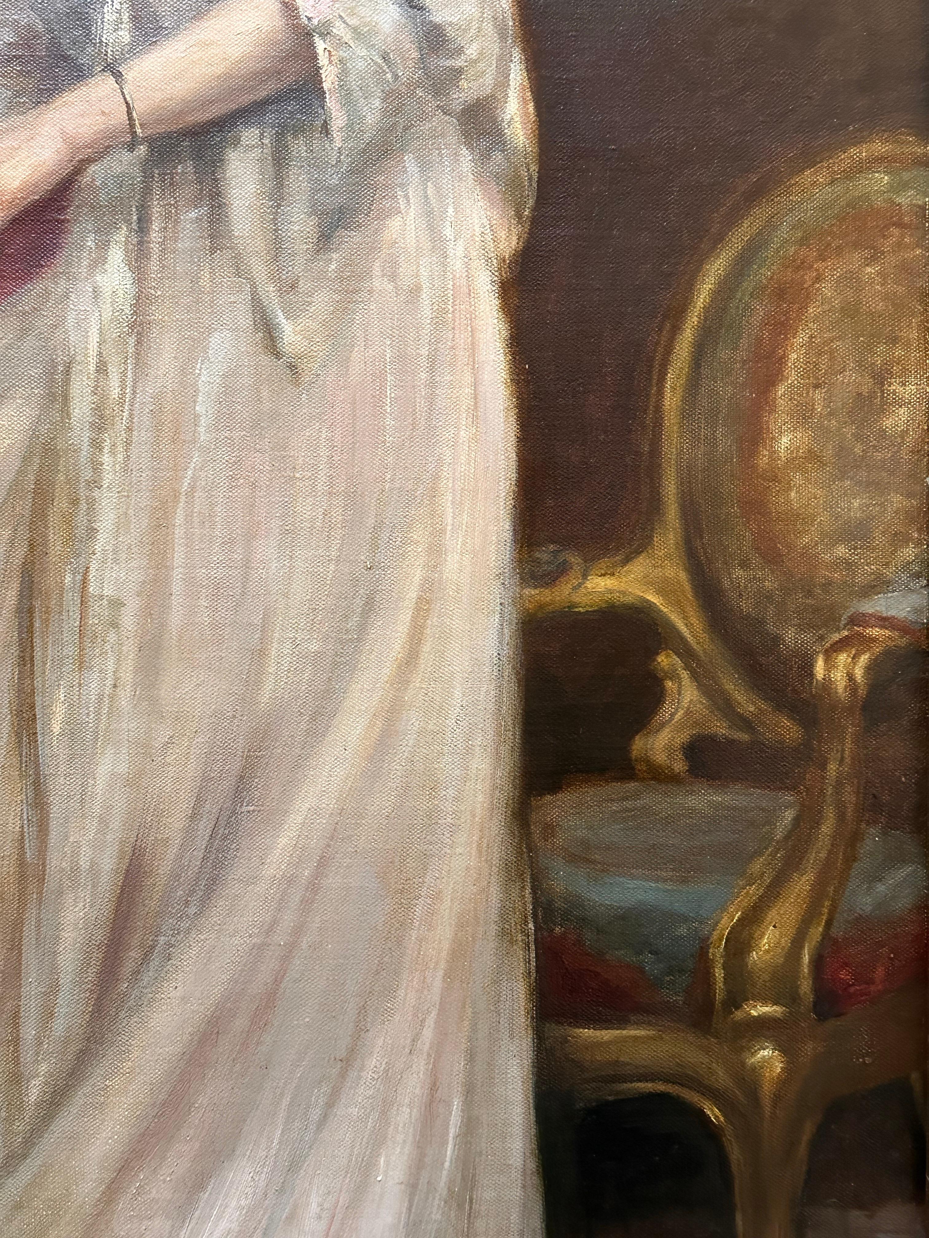Très belle huile française signée des années 1900 Portrait en pied d'une dame lisant à l'intérieur en vente 2