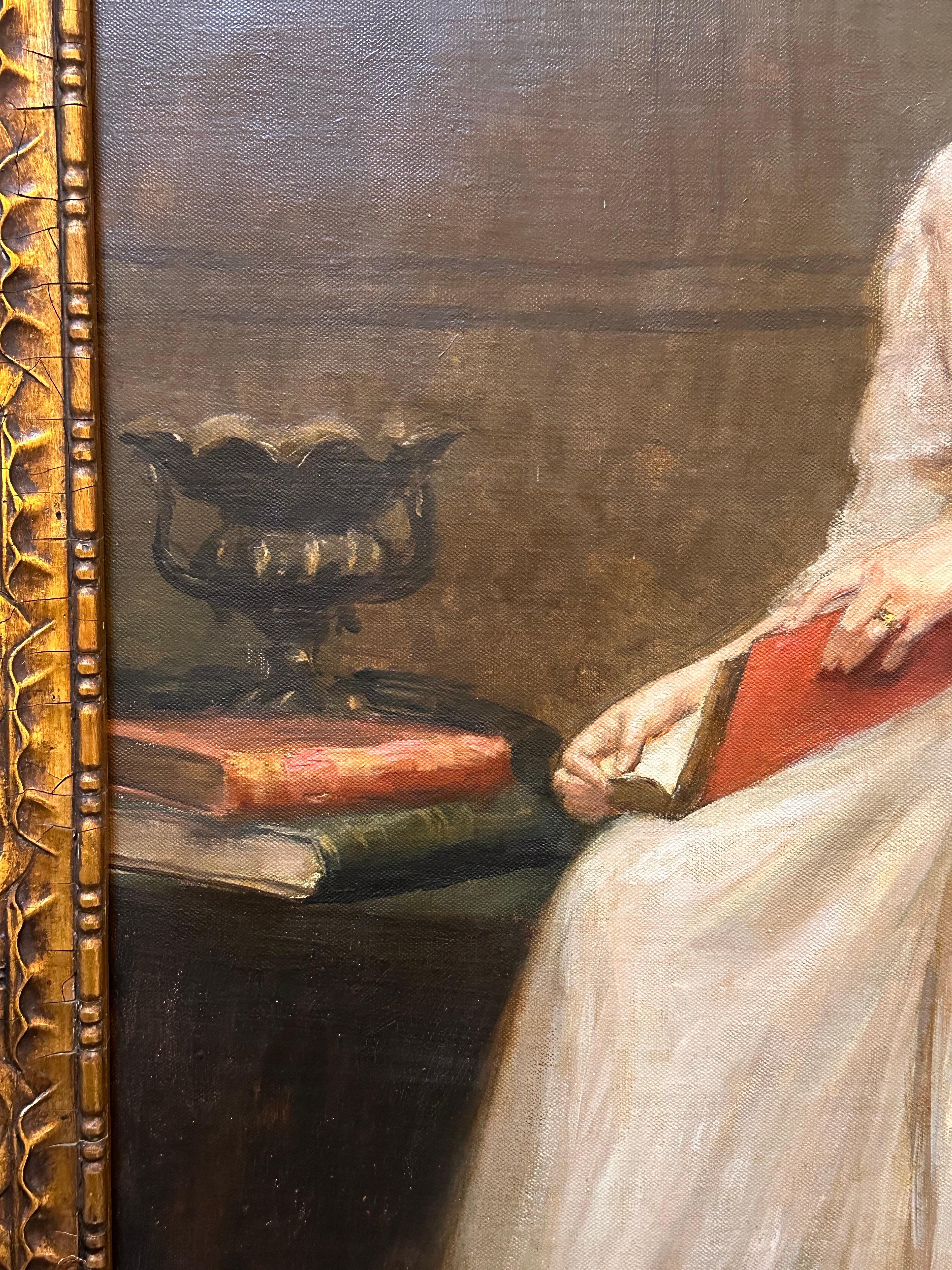 Très belle huile française signée des années 1900 Portrait en pied d'une dame lisant à l'intérieur en vente 4