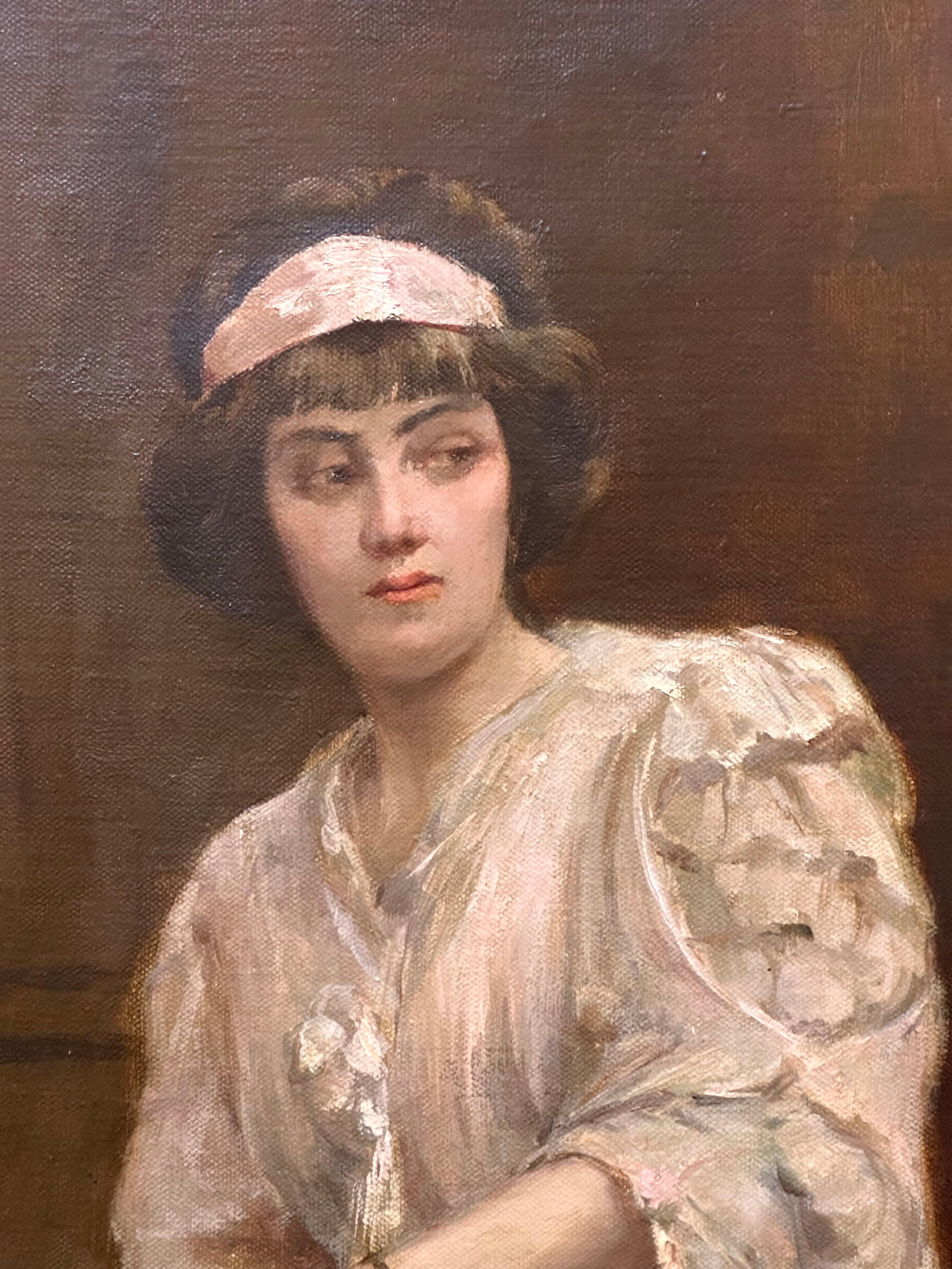 Très belle huile française signée des années 1900 Portrait en pied d'une dame lisant à l'intérieur en vente 5