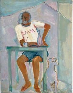Original Oil Painting of Seated Man at a Table with Dog by His Side