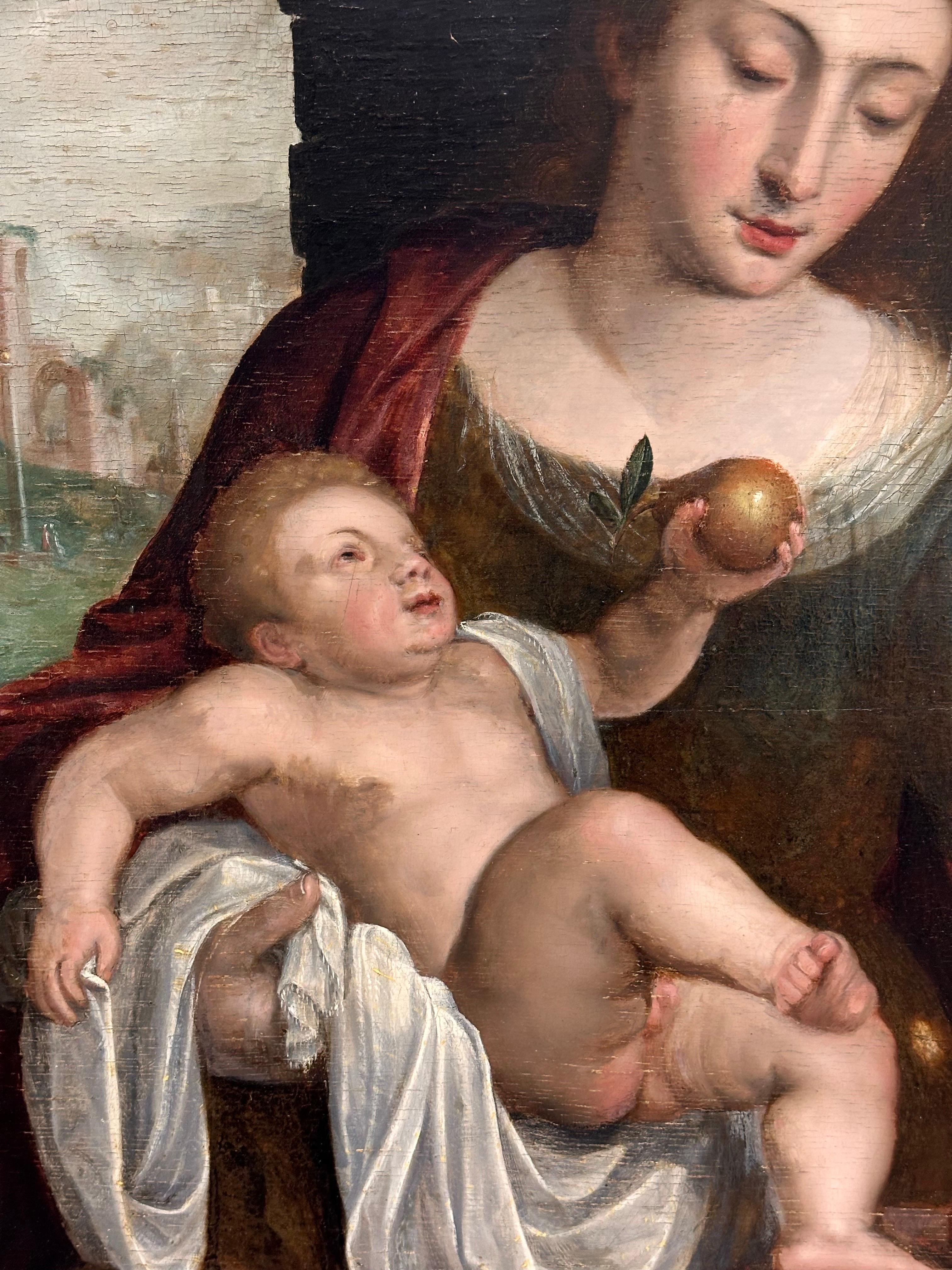 Pregevole olio su pannello di un vecchio maestro fiammingo del XVI secolo La Sacra Famiglia Qualità del Museo - Painting Manierismo di ADRIEN THOMASZ KEY (FLEMISH c.1544-1590)
