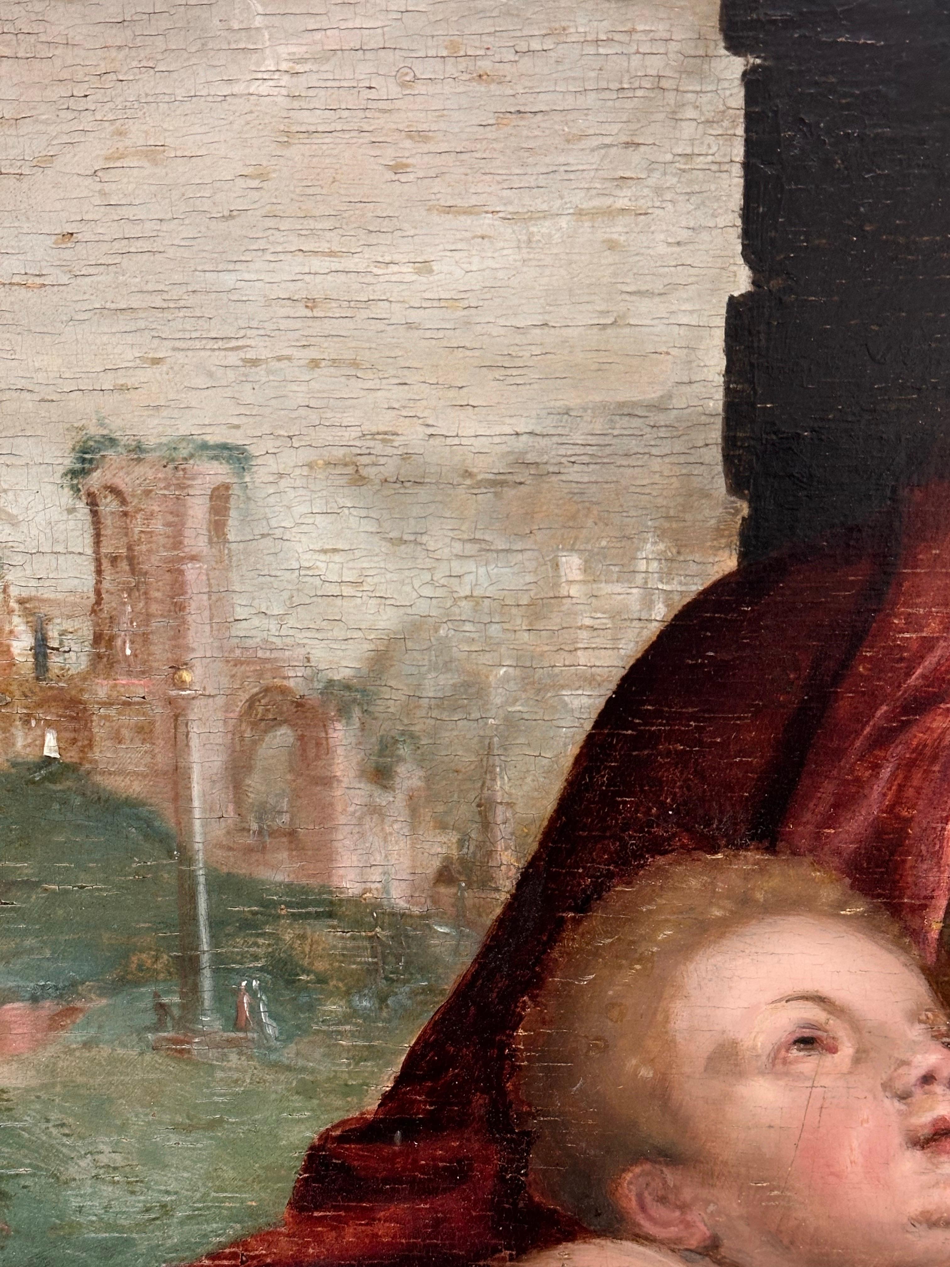 Pregevole olio su pannello di un vecchio maestro fiammingo del XVI secolo La Sacra Famiglia Qualità del Museo 2