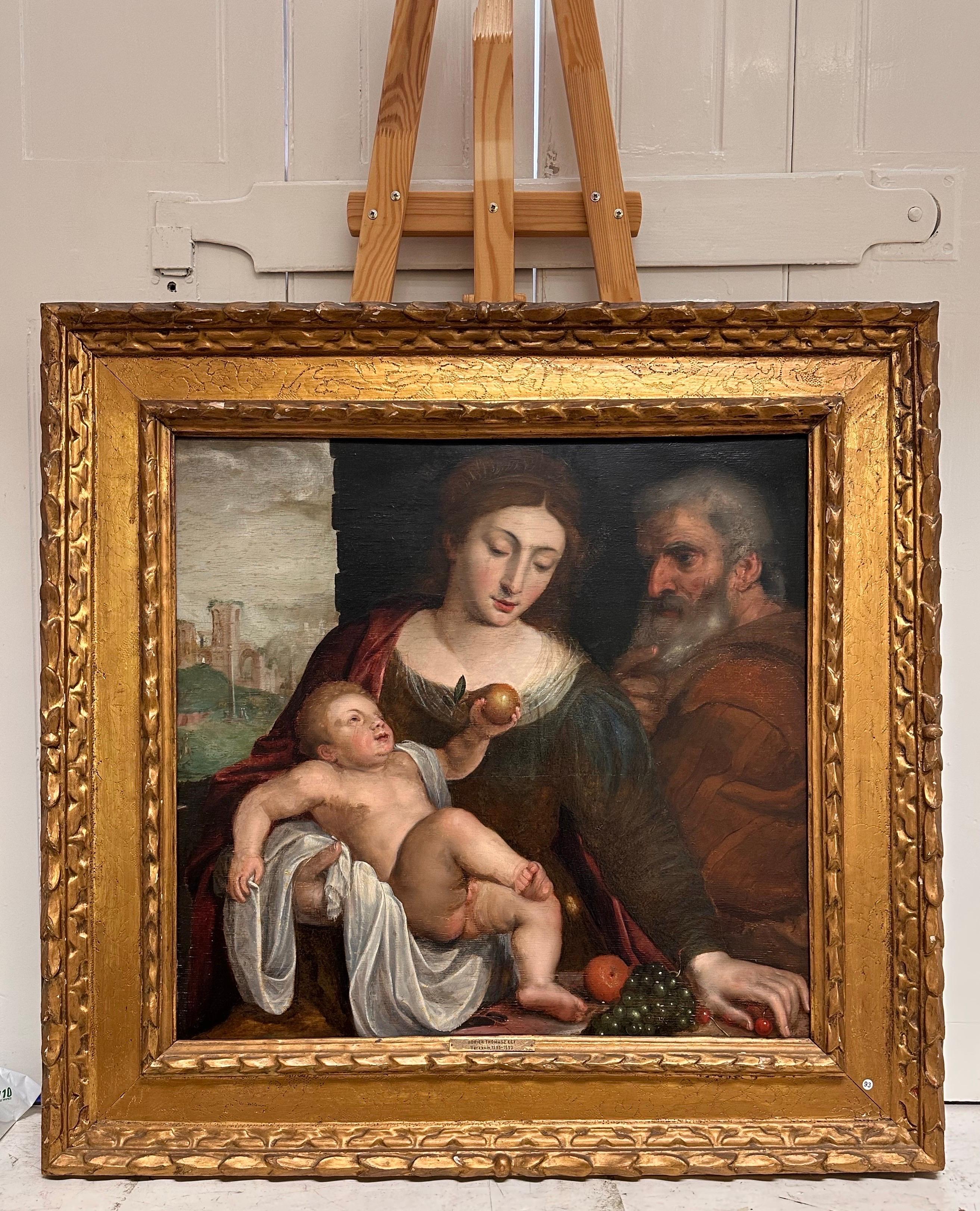 Pregevole olio su pannello di un vecchio maestro fiammingo del XVI secolo La Sacra Famiglia Qualità del Museo - Portrait Painting Marrone di ADRIEN THOMASZ KEY (FLEMISH c.1544-1590)