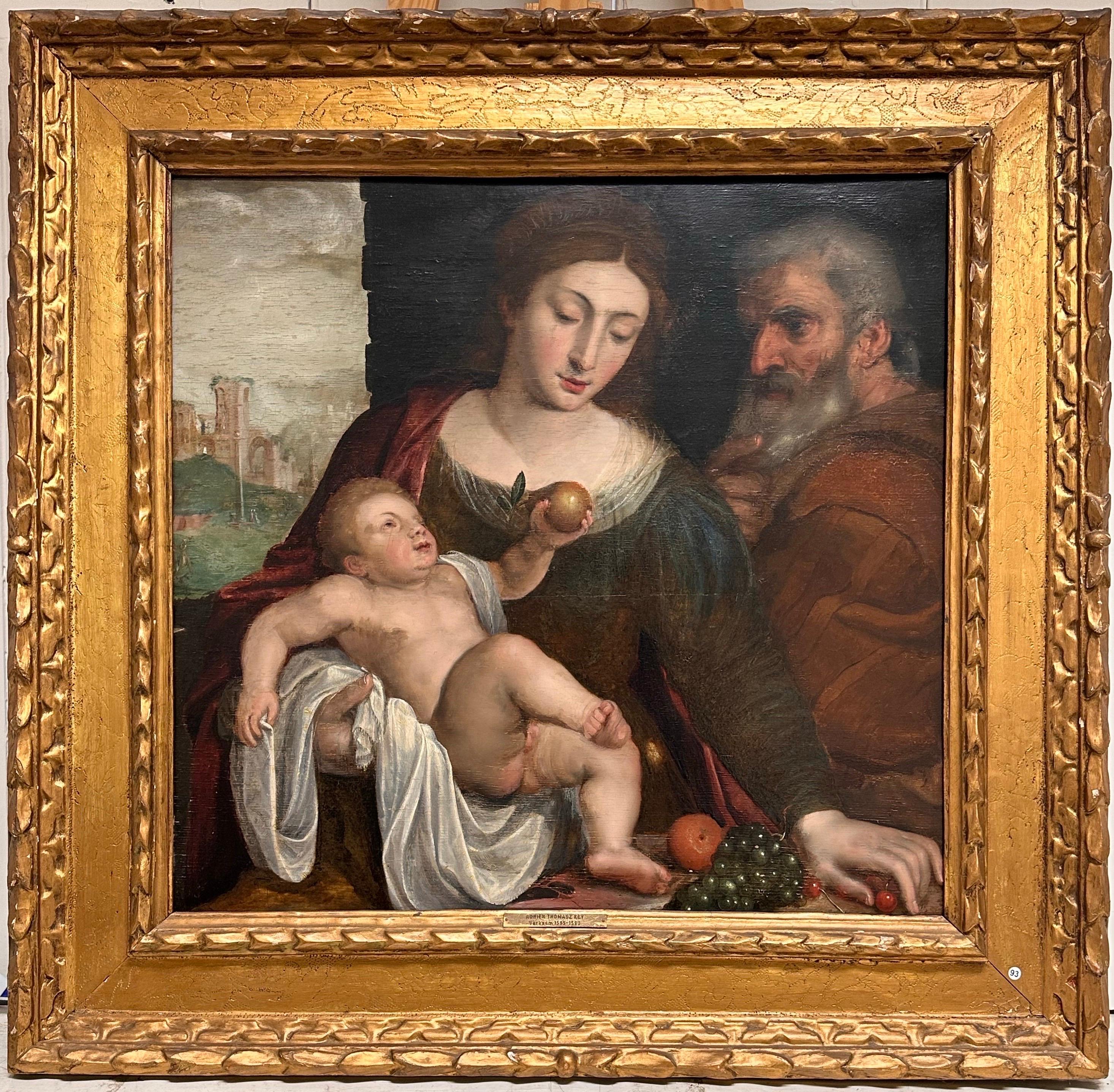 Pregevole olio su pannello di un vecchio maestro fiammingo del XVI secolo La Sacra Famiglia Qualità del Museo 1
