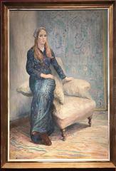 Mid 20th C Portrait Seated Lady in Turquoise, Green & Blue Dress, Oil Painting