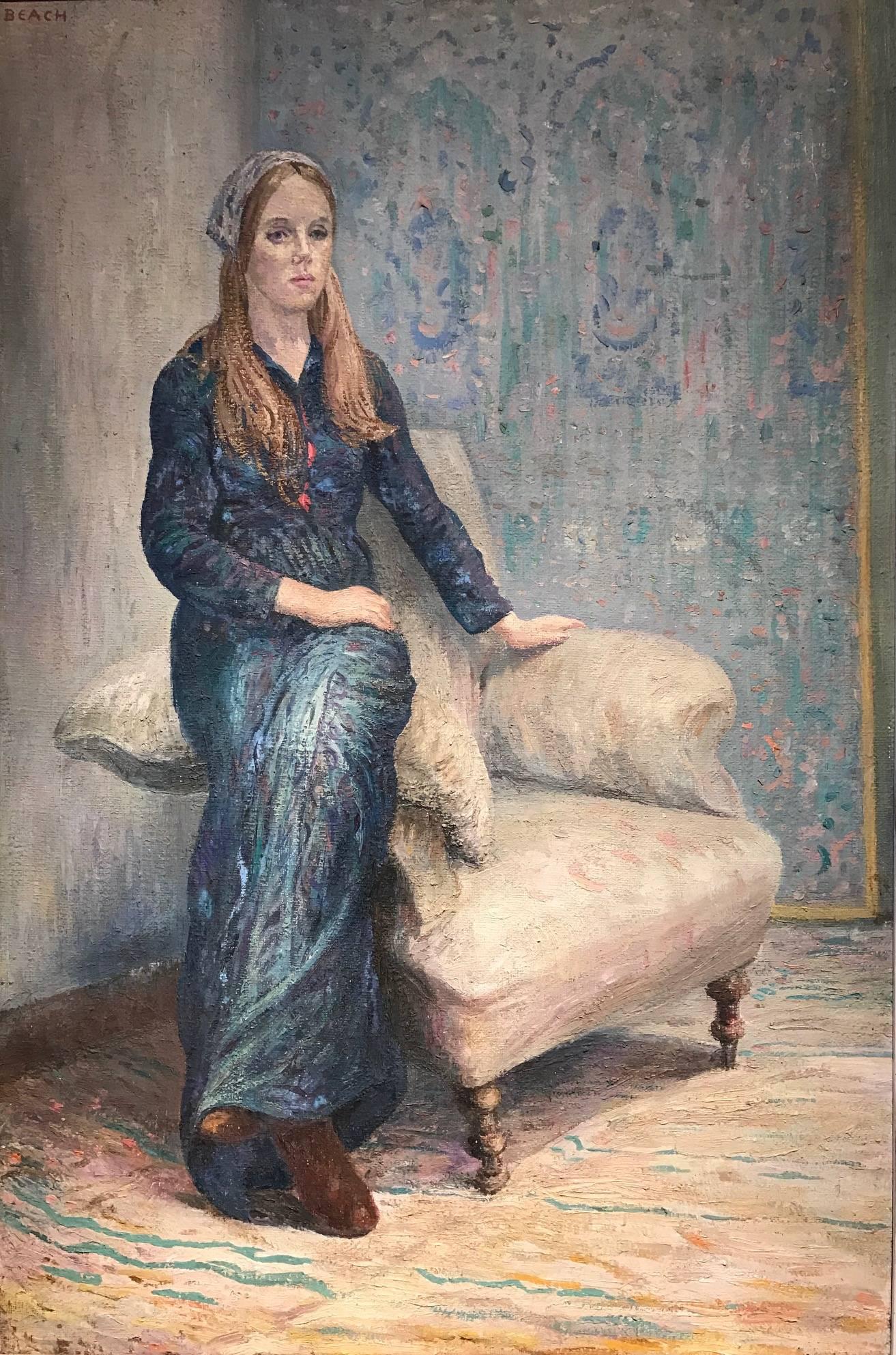 Adrian Gillespie Beach Portrait Painting - Mid 20th C Portrait Seated Lady in Turquoise, Green & Blue Dress, Oil Painting