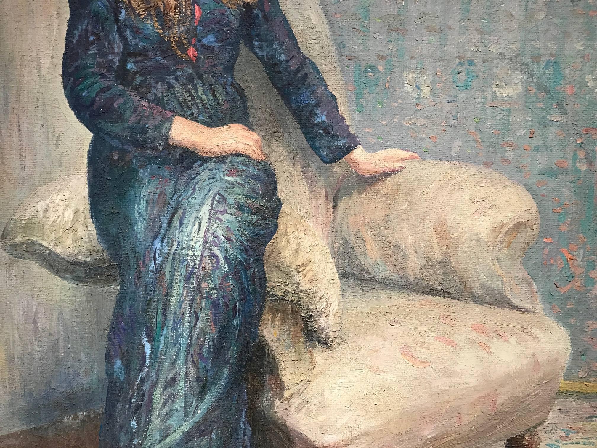 Mid 20th C Portrait Seated Lady in Turquoise, Green & Blue Dress, Oil Painting - Gray Portrait Painting by Adrian Gillespie Beach