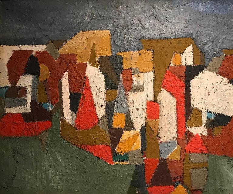 Tableau Abstraction Architecturale De Jean Besnard (1974) - Huile Sur Panneau, 83,5x51 Cm, Bon état