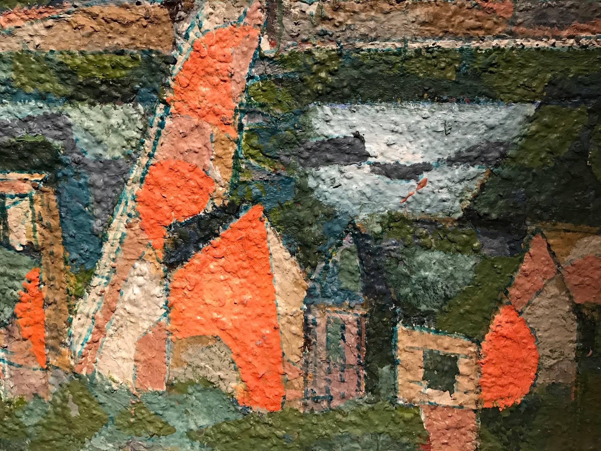 Excellent quality large scale original oil painting by the French abstract artist, Jean Besnard (1922-2007). 

A stunning example of this artists work - depicting this cubist construction of a town under swirling blue, grey and white skies. The
