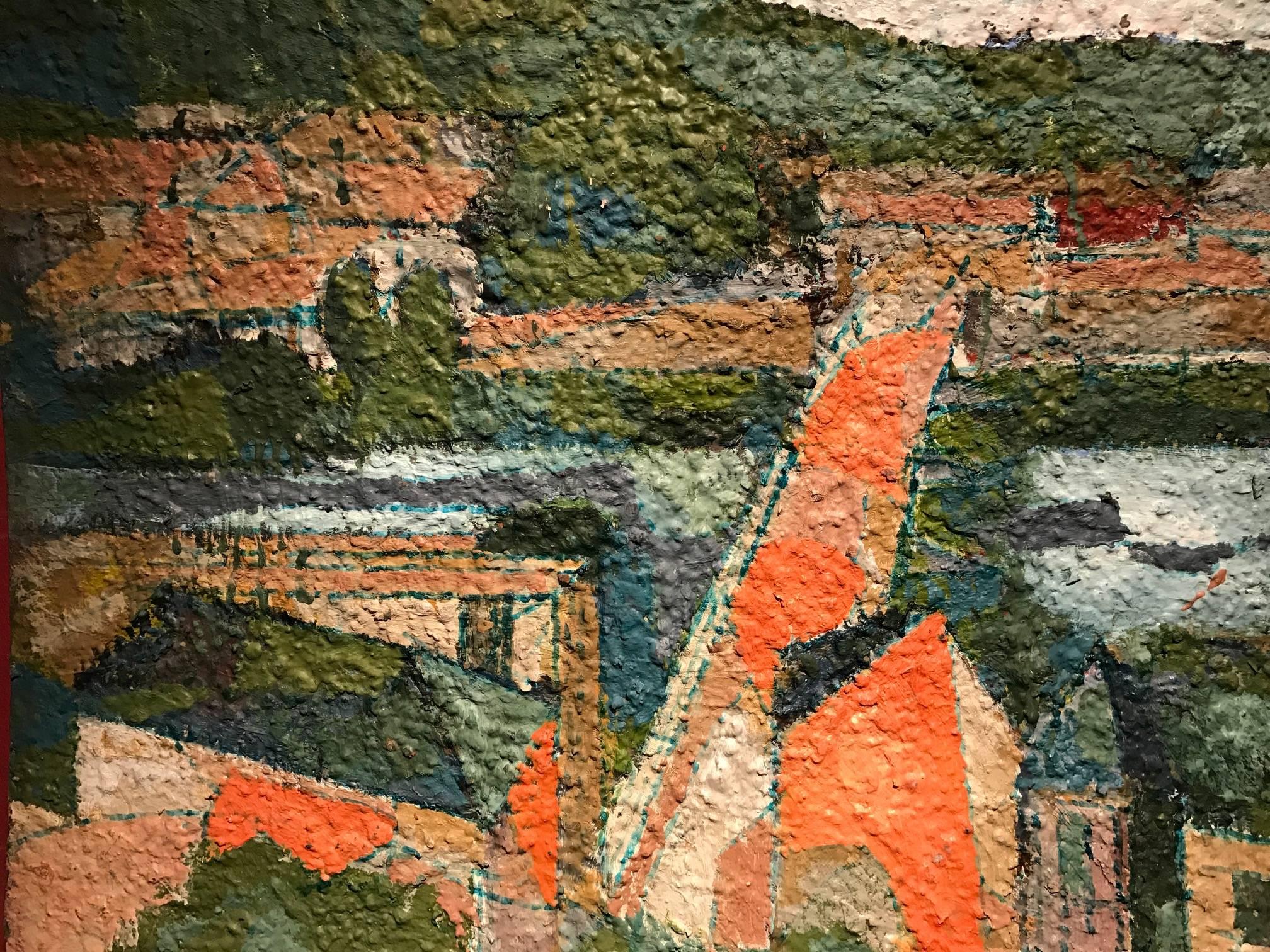 French Mid 20th Century Oil Pointillist River Landscape with Town & Bridge 2