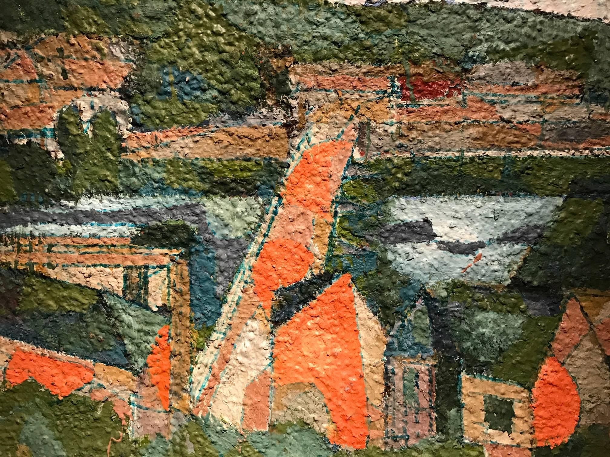 French Mid 20th Century Oil Pointillist River Landscape with Town & Bridge 1
