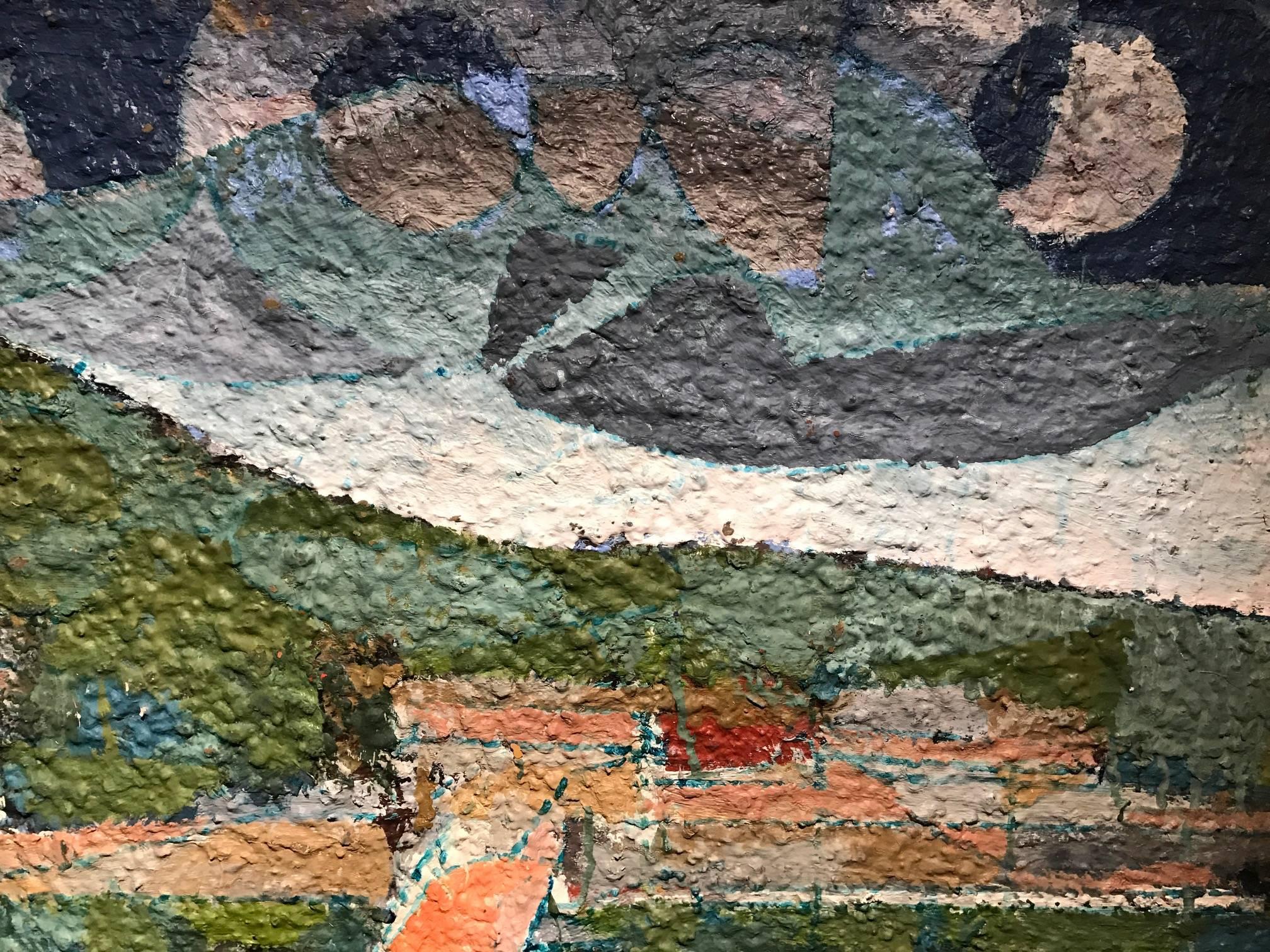 French Mid 20th Century Oil Pointillist River Landscape with Town & Bridge 3