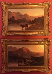 Sunset in the Scottish Highlands - Pair of Antique Signed Oil Paintings