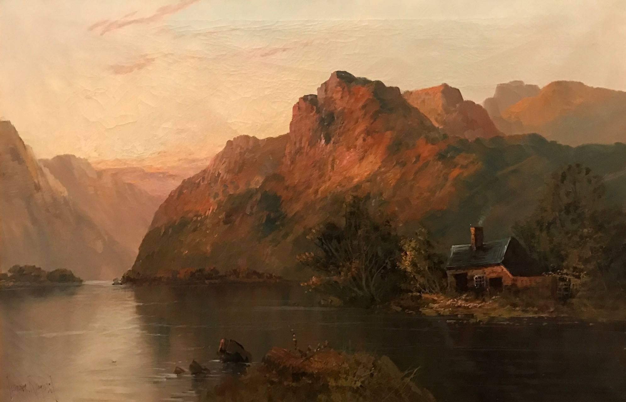 Scottish Highland Loch Sunset Scene - Large Antique Oil Painting Signed 2