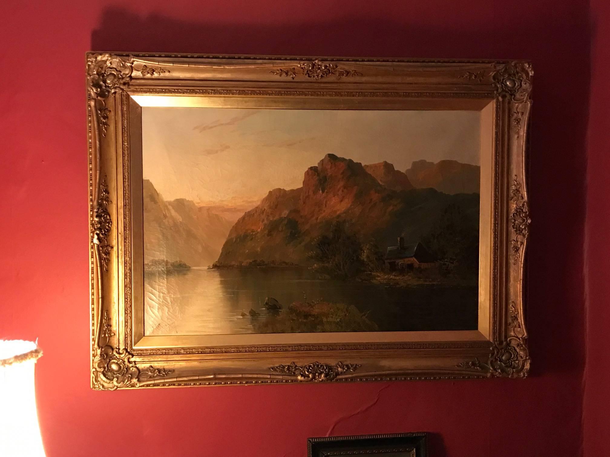 Scottish Highland Loch Sunset Scene - Large Antique Oil Painting Signed 4