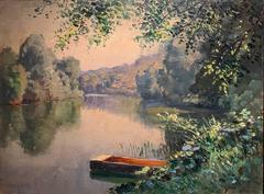 Vintage Original French Impressionist Signed Oil Painting Tranquil River Scene & Boat