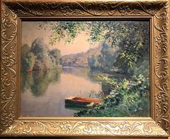 Peinture à l'huile originale d'un impressionniste français signée représentant une scène de rivière Tranquil et un bateau