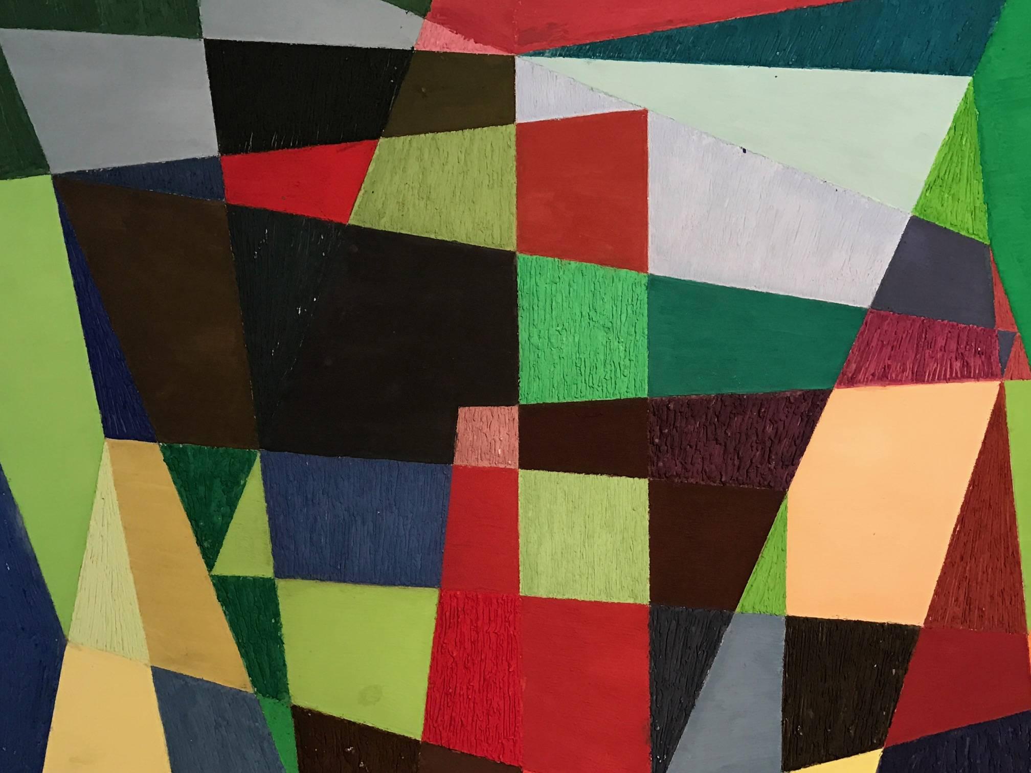 Espléndido y original cuadro de arte moderno que representa este vasto conjunto de formas geométricas abstractas. 

El cuadro es obra del pintor británico del siglo XX Douglas Auburn (1916-2000) y fue adquirido de la colección familiar del