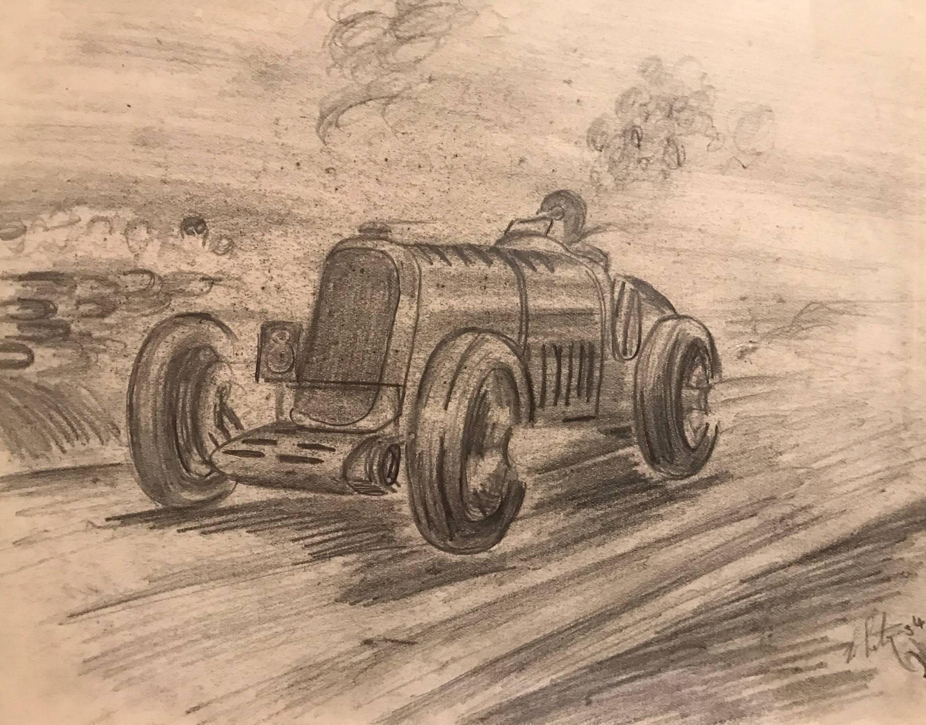 Set of Four 1930's Motor Car Racing Original Drawings Signed Dated Framed - Art Deco Painting by Unknown