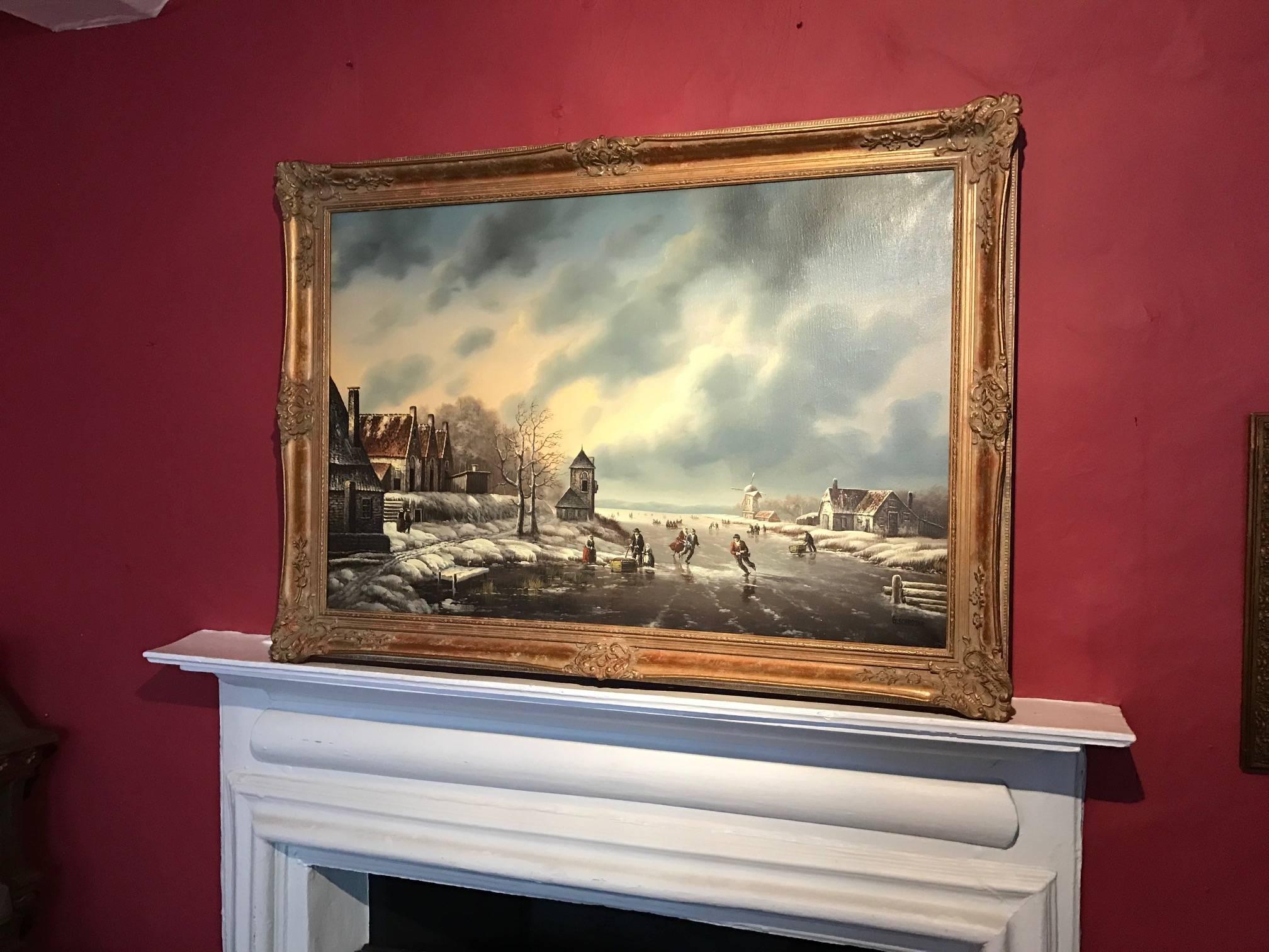 LARGE DUTCH WINTER SCENE FIGURES ICE SKATING SIGNED OIL PAINTING - Painting by Unknown