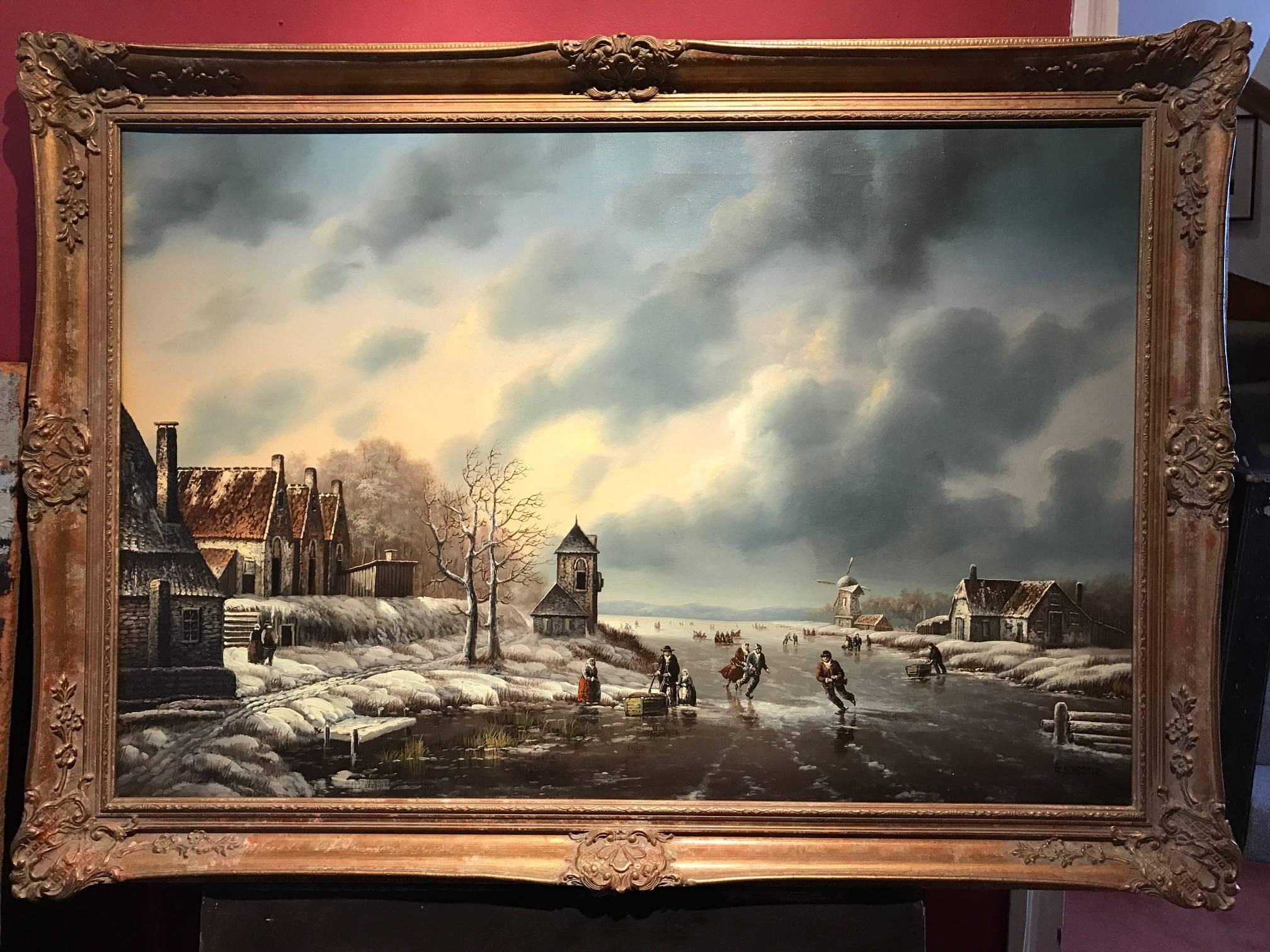 LARGE DUTCH WINTER SCENE FIGURES ICE SKATING SIGNED OIL PAINTING - Realist Painting by Unknown