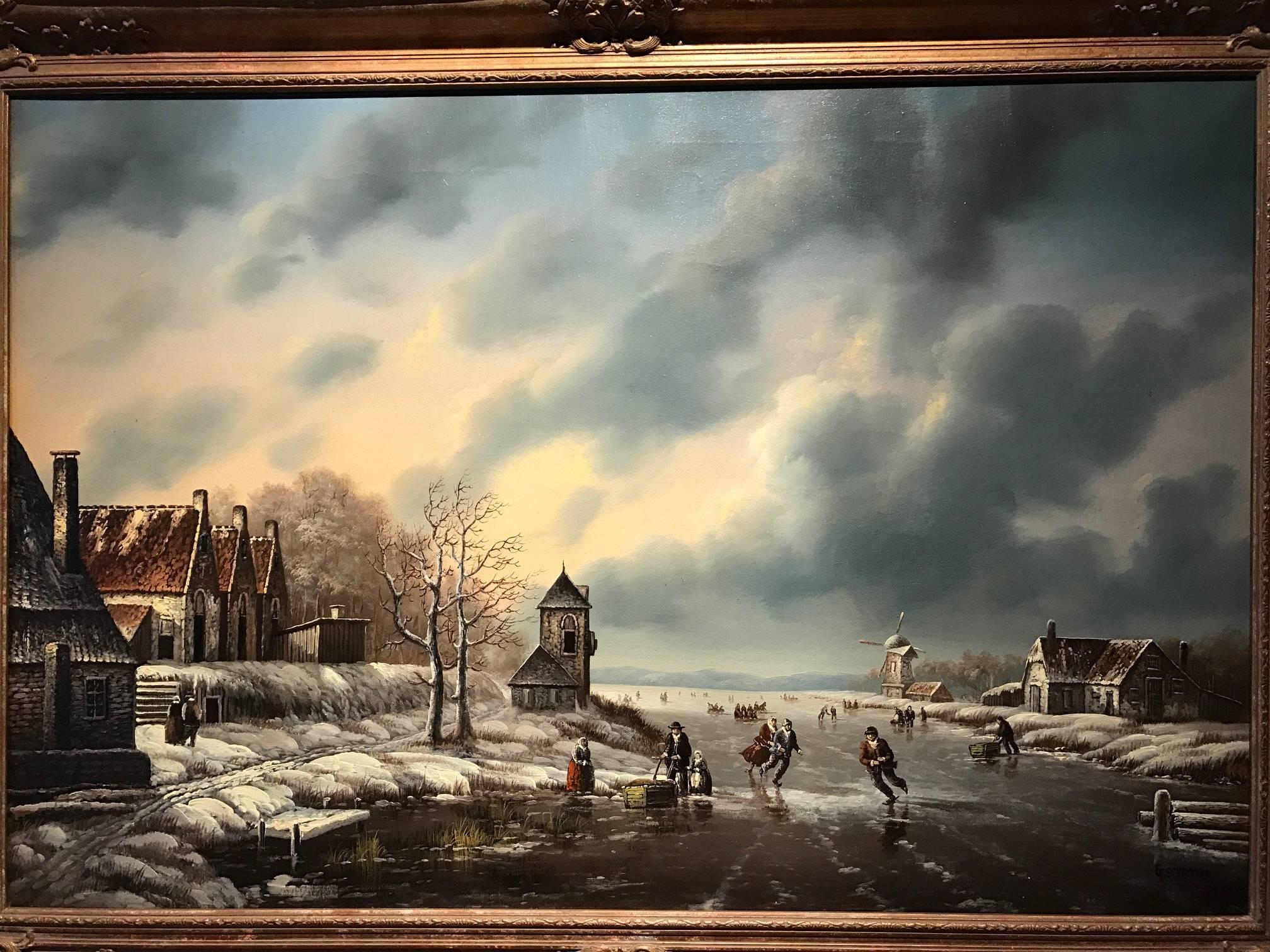 Fine quality large scale Dutch winter scene depicting figures skating on the frozen river as it 'runs' through an old town or village. 

The work is painted on a large scale and beautifully presented in this gallery gilt swept frame. 

The