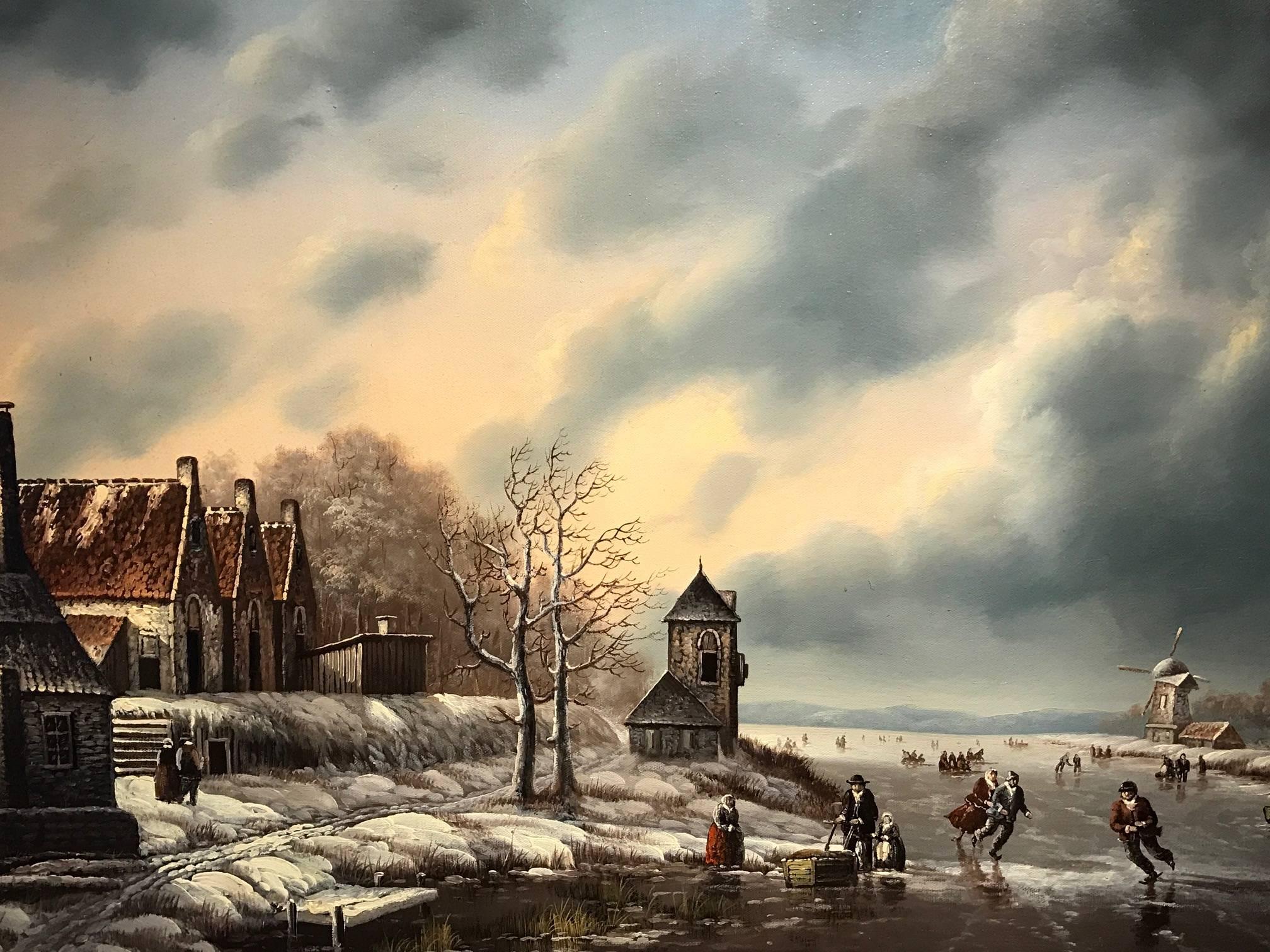 LARGE DUTCH WINTER SCENE FIGURES ICE SKATING SIGNED OIL PAINTING 1