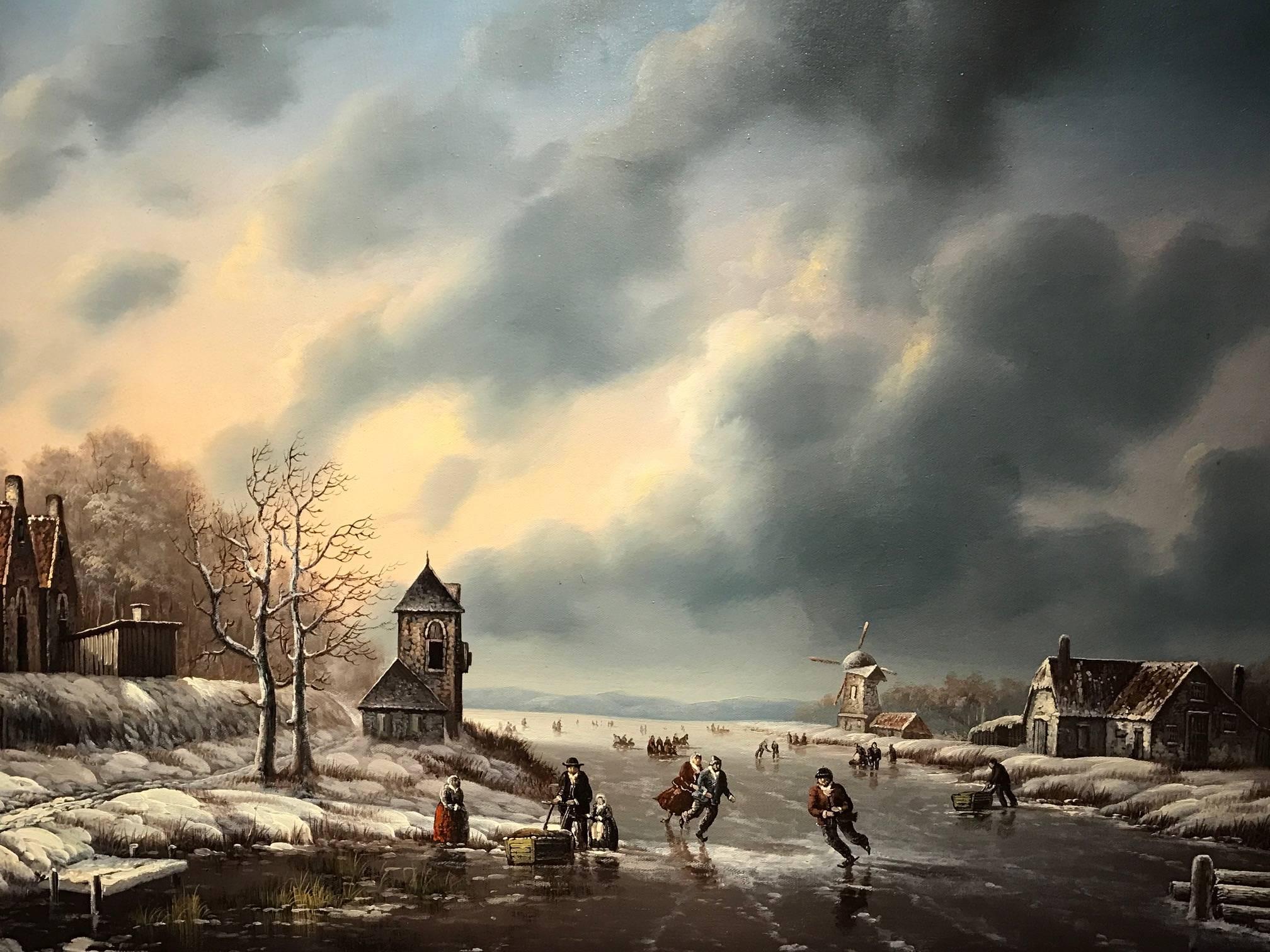LARGE DUTCH WINTER SCENE FIGURES ICE SKATING SIGNED OIL PAINTING 2