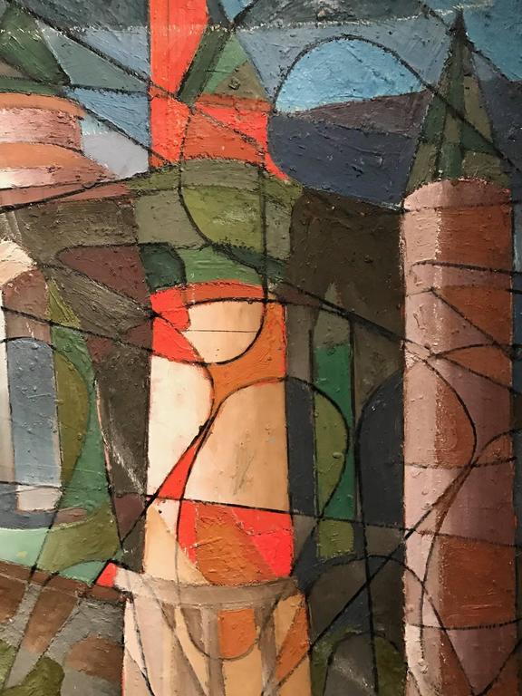 Jean Besnard Stunning Mid 20th Century Cubist Abstract Geometric Oil Painting Town View