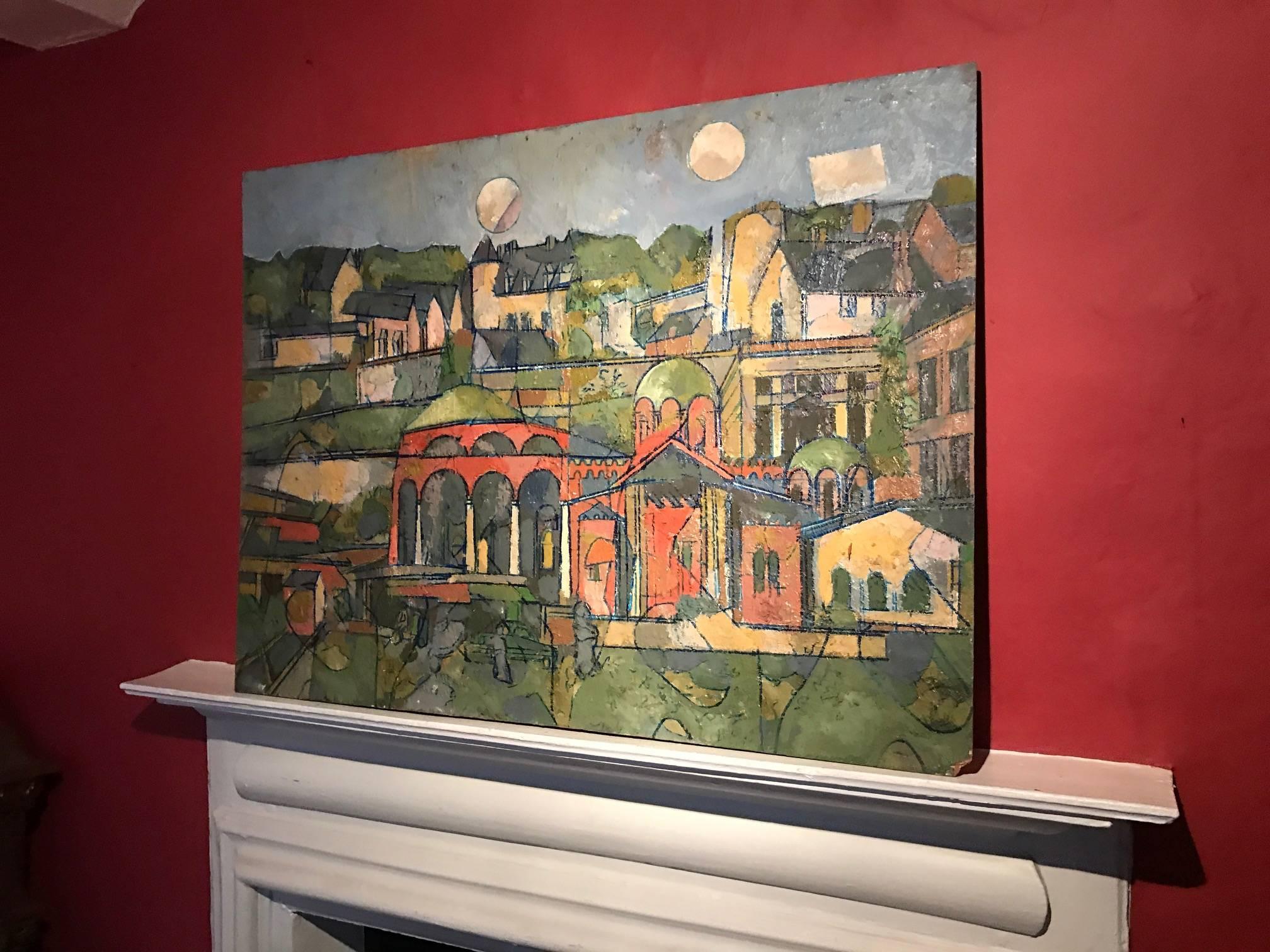 Großes französisches geometrisches abstraktes Ölgemälde Blick auf eine Townes - Listed Artist – Painting von Jean Besnard