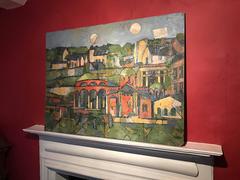 Large French Geometric Abstract Oil Painting View of a Town - Listed Artist